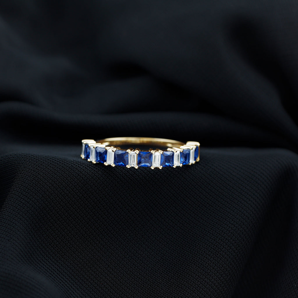 Princess Cut Lab Grown Blue Sapphire Half Eternity Ring with Diamond Lab Created Blue Sapphire - ( AAAA ) - Quality - Rosec Jewels