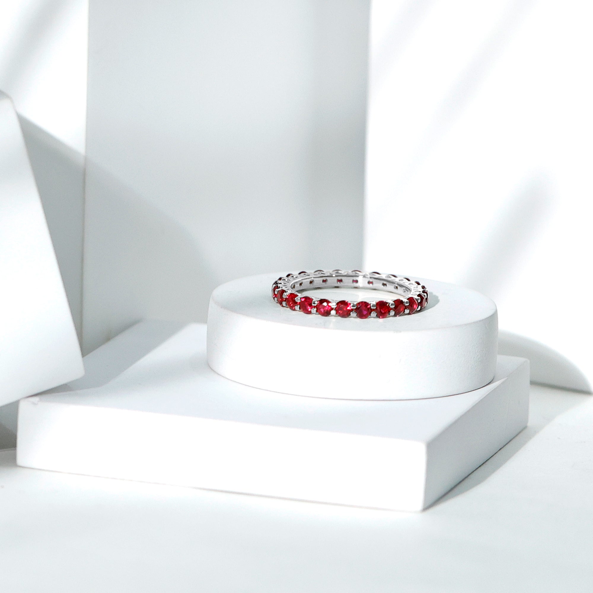 Rosec Jewels-Shared Prong Set Round Created Ruby Full Eternity Band Ring