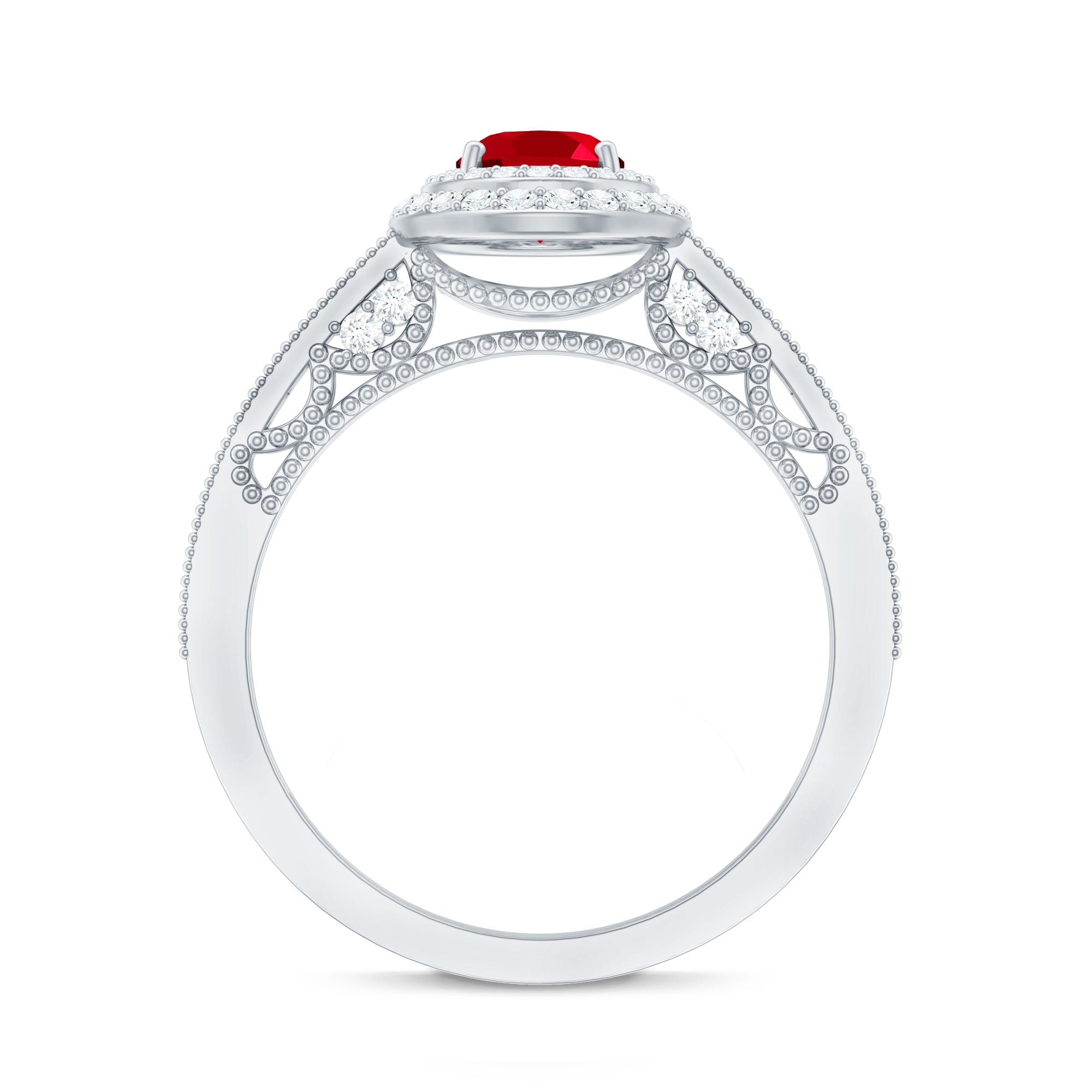 Rosec Jewels-Oval Created Ruby Double Halo Engagement Ring with Diamond