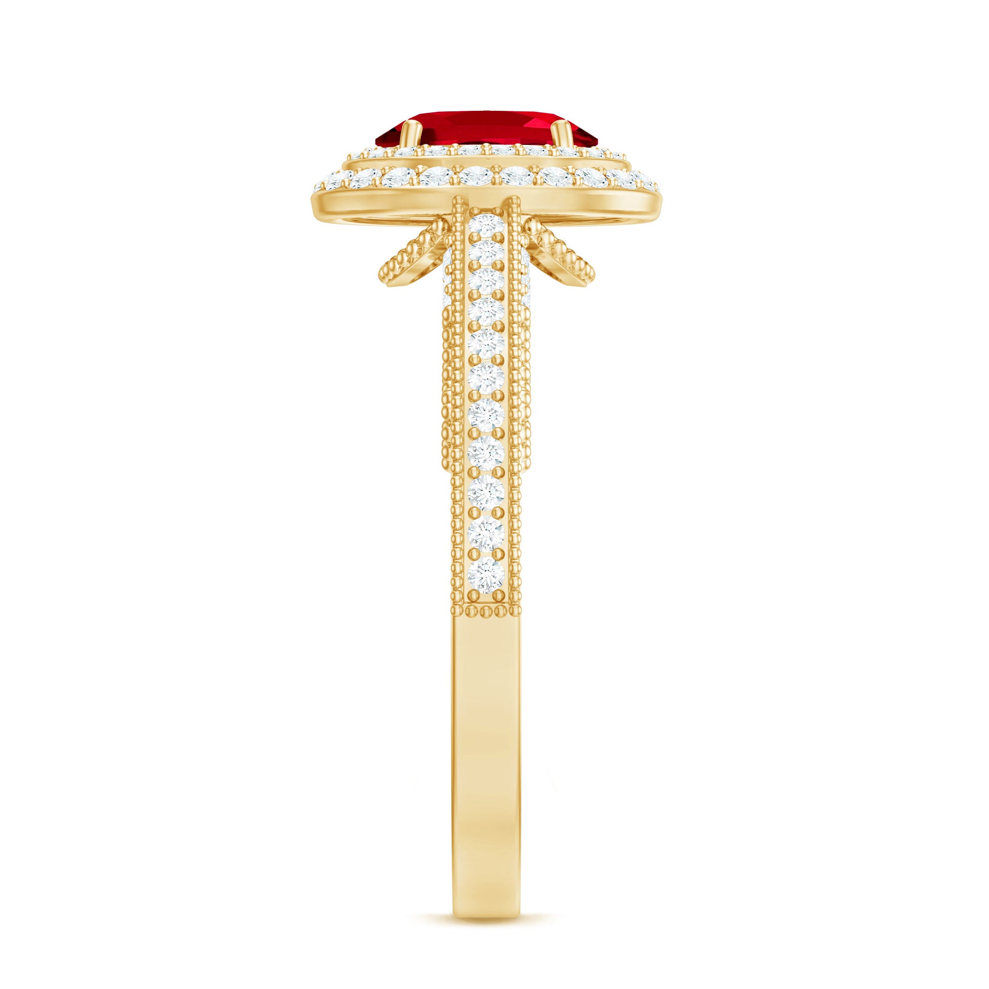 Rosec Jewels-Oval Created Ruby Double Halo Engagement Ring with Diamond