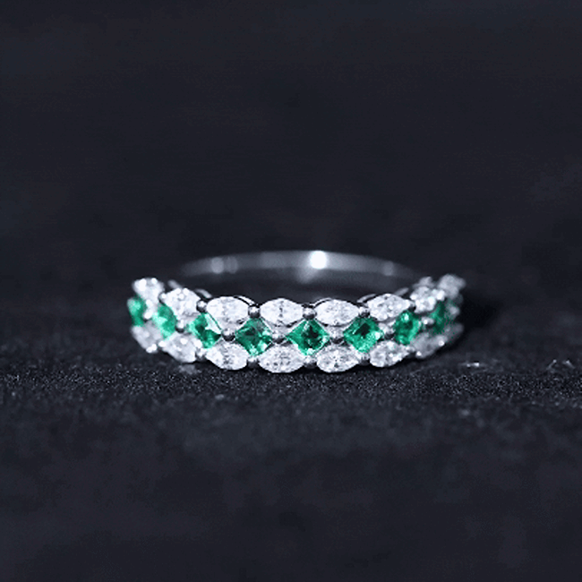 Certified Lab Grown Emerald Half Eternity Wedding Band AAAA - Rosec Jewels