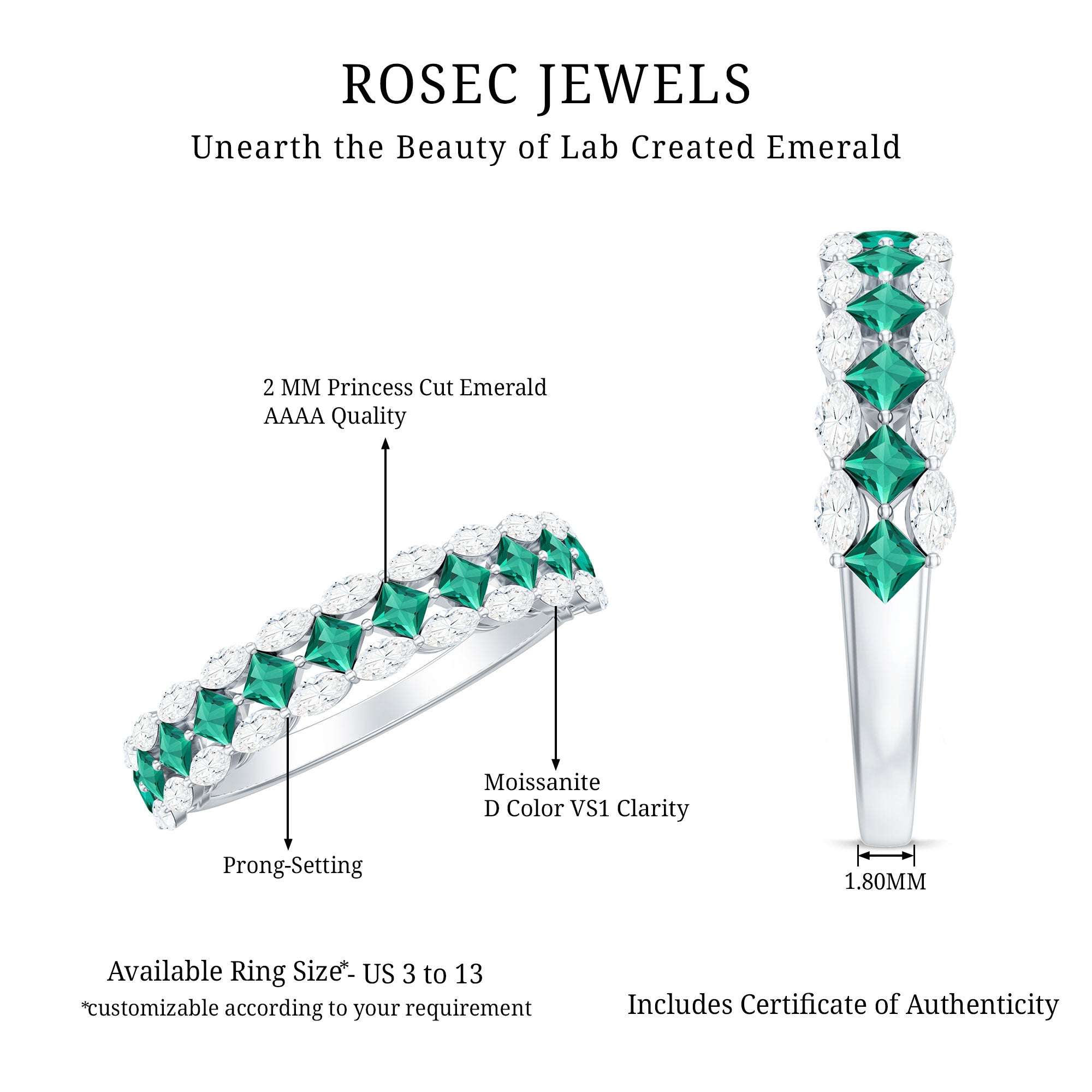 Certified Lab Grown Emerald Half Eternity Wedding Band AAAA - Rosec Jewels
