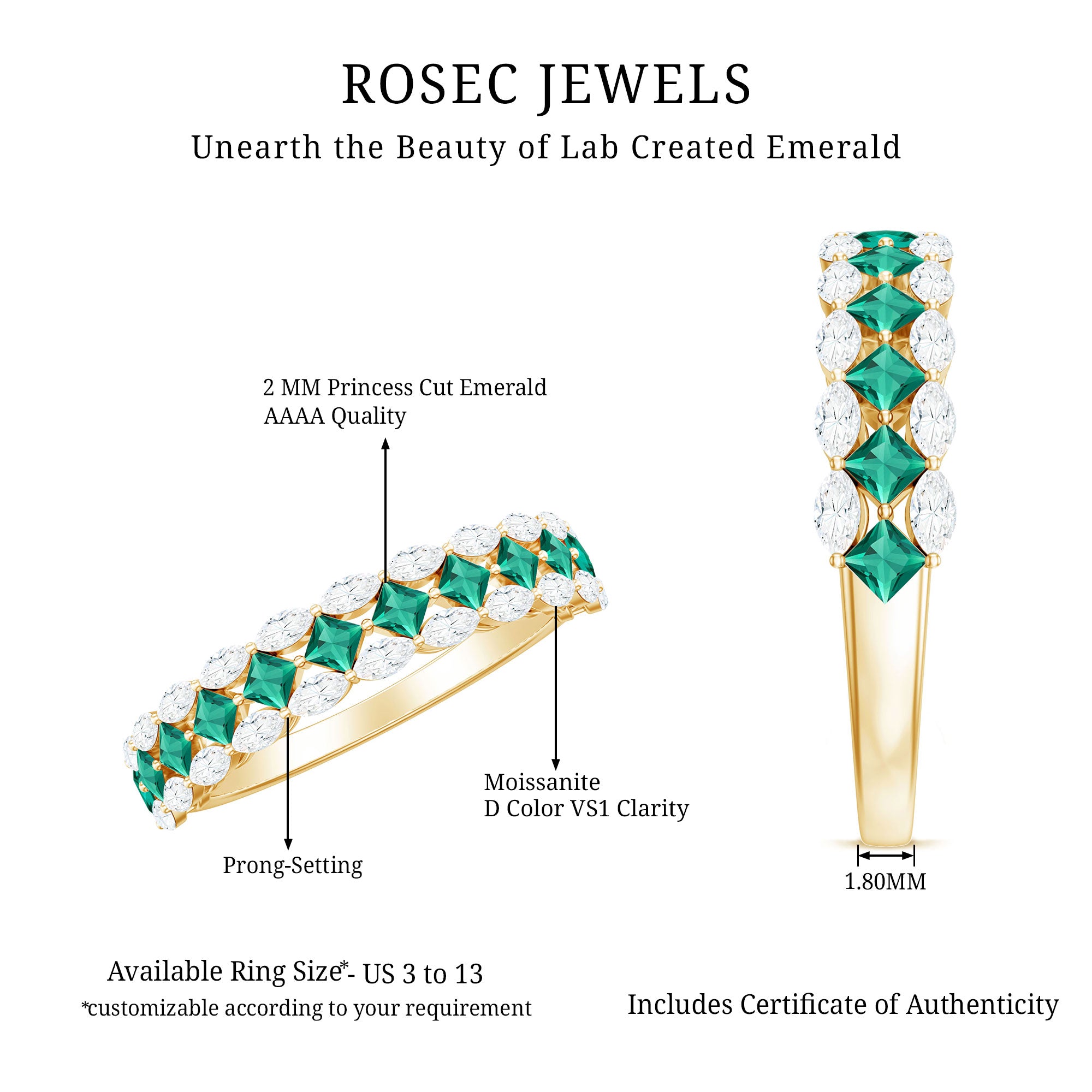 Certified Lab Grown Emerald Half Eternity Wedding Band AAAA - Rosec Jewels