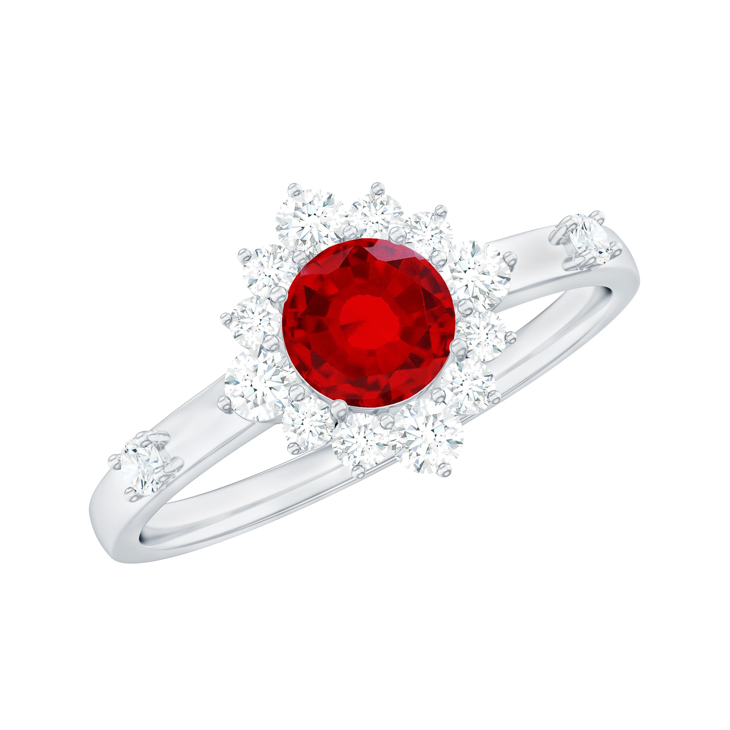 Round Lab Created Ruby Promise Ring with Diamond Halo
