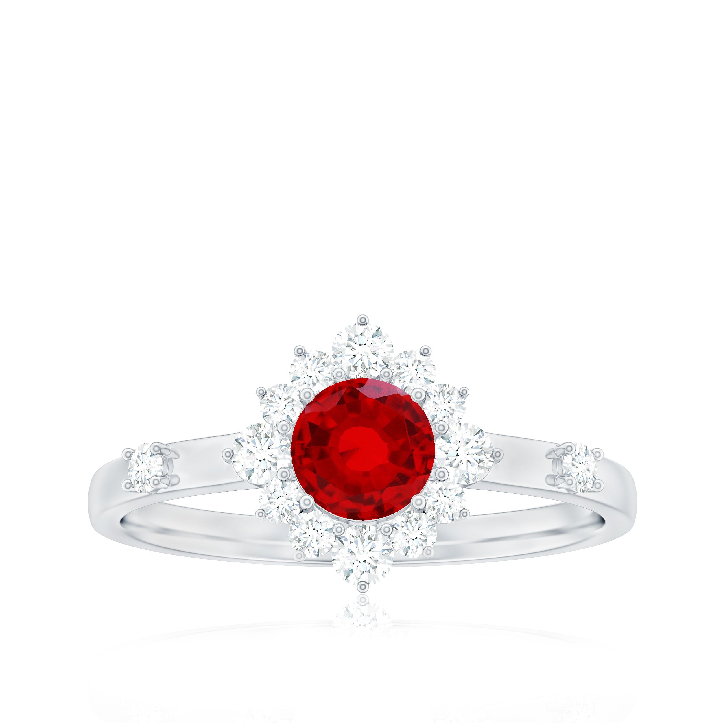 Rosec Jewels-Round Lab Created Ruby Promise Ring with Diamond Halo