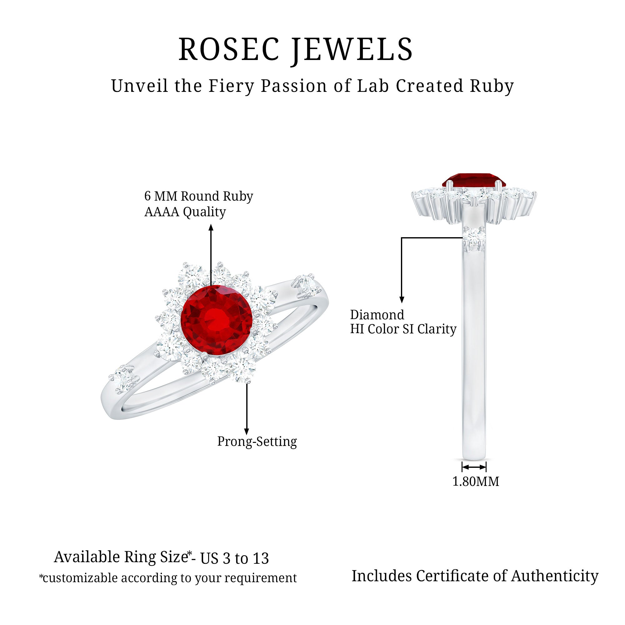 Rosec Jewels-Round Lab Created Ruby Promise Ring with Diamond Halo