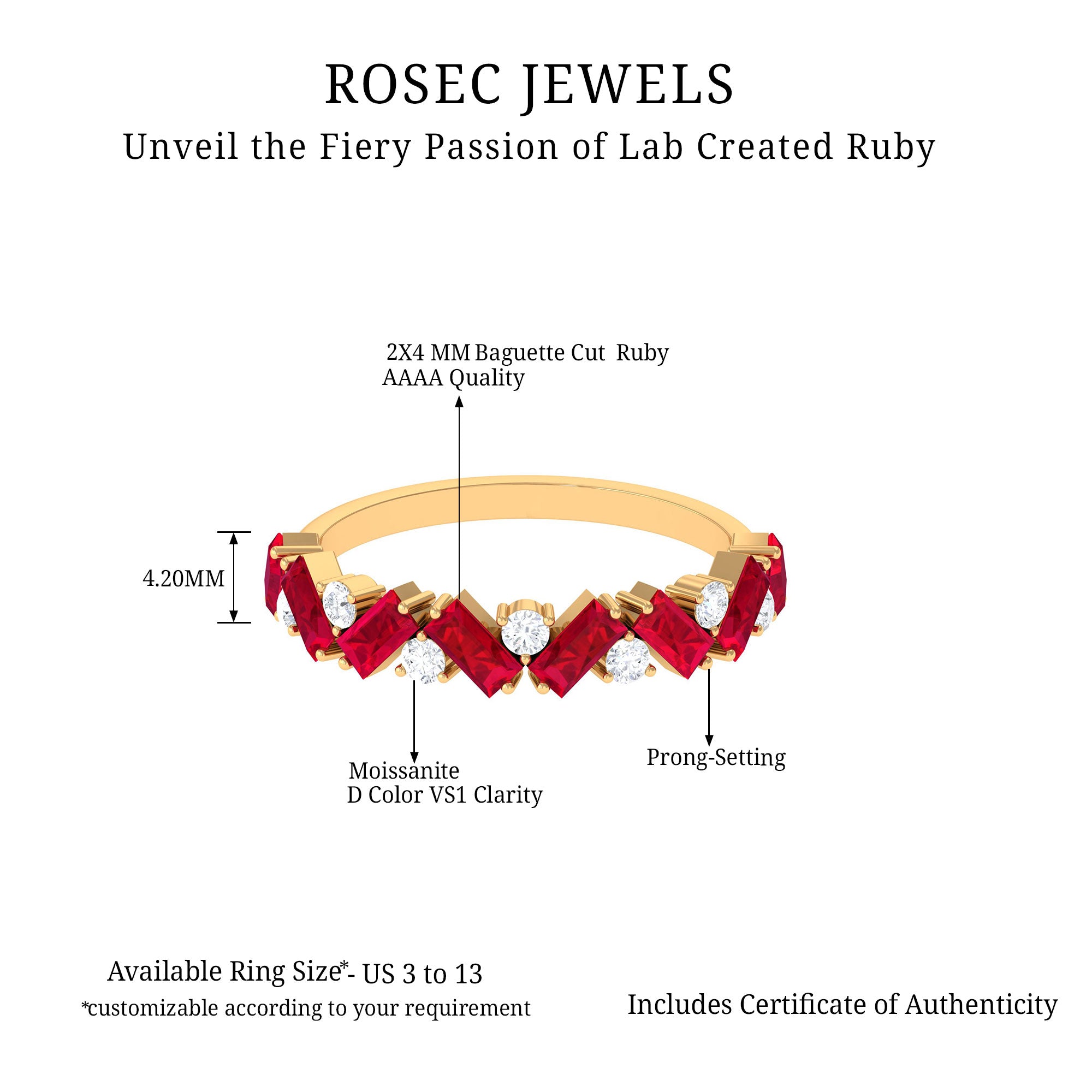 Baguette Shape Lab Grown Ruby Half Eternity Ring with Moissanite Lab Created Ruby - ( AAAA ) - Quality - Rosec Jewels