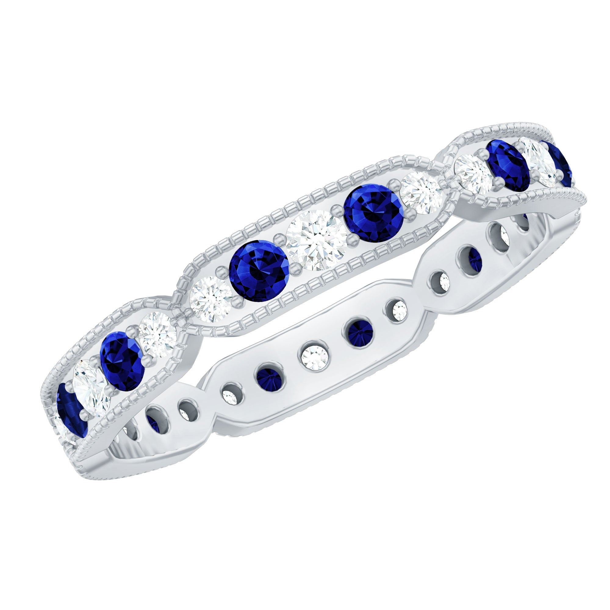 1.25 CT Lab Created Blue Sapphire Milgrain Full Eternity Ring with Diamond