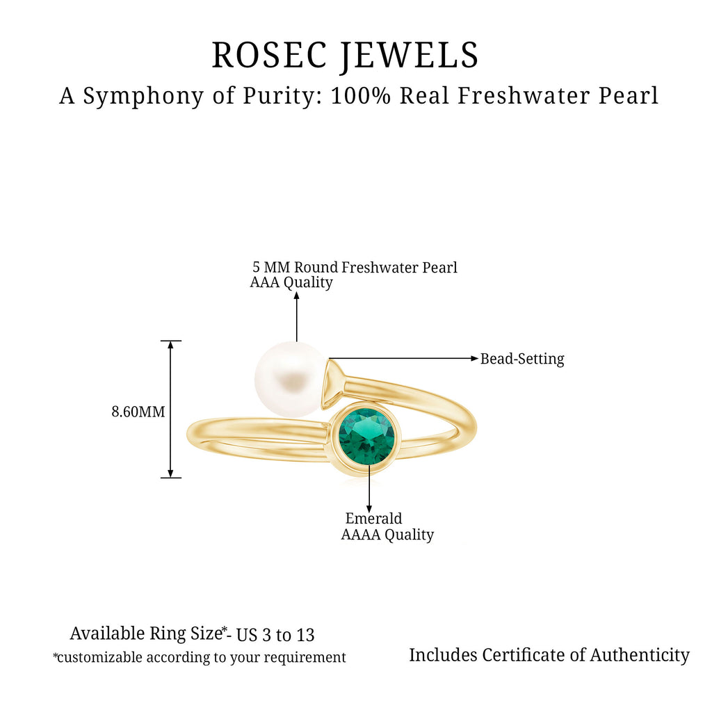 2 CT Freshwater Pearl Solitaire with Created Emerald Wedding Ring Freshwater Pearl - ( AAA ) - Quality - Rosec Jewels