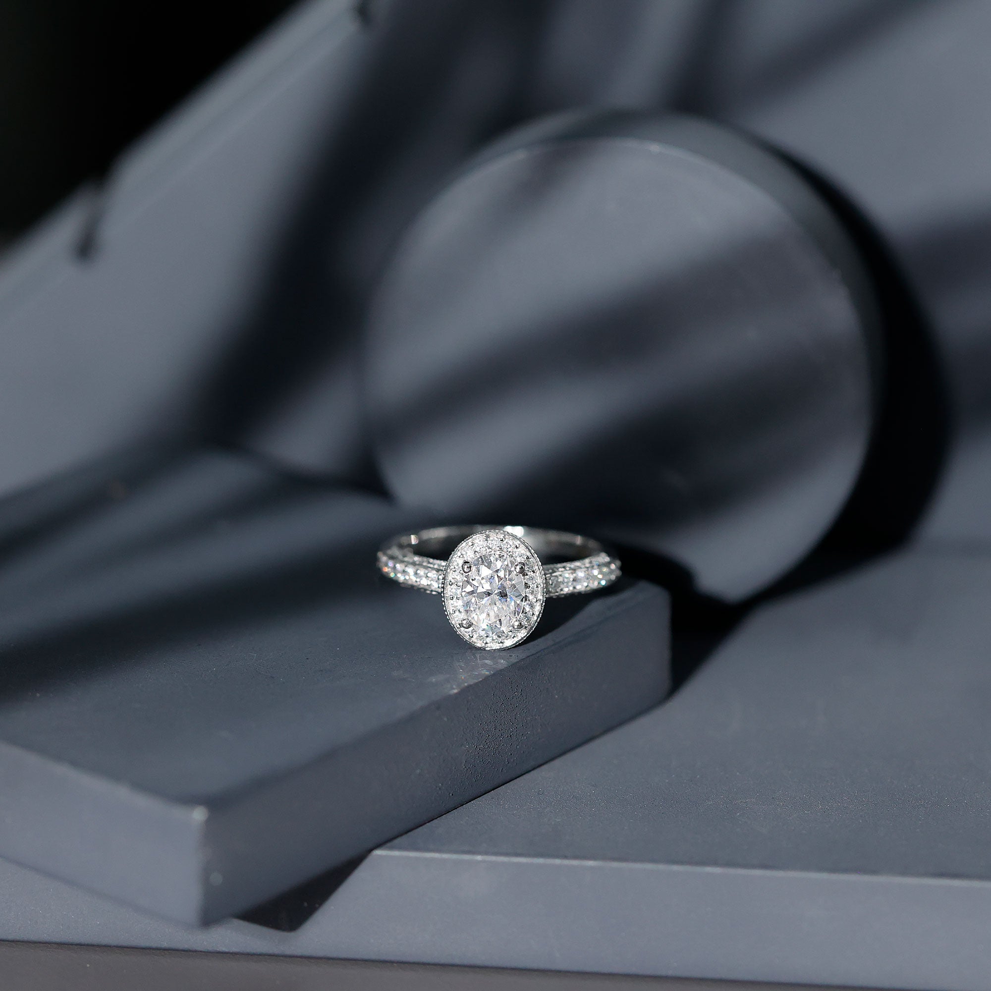 Rosec Jewels-6X8 MM Oval Moissanite Victorian Engagement Ring with Halo