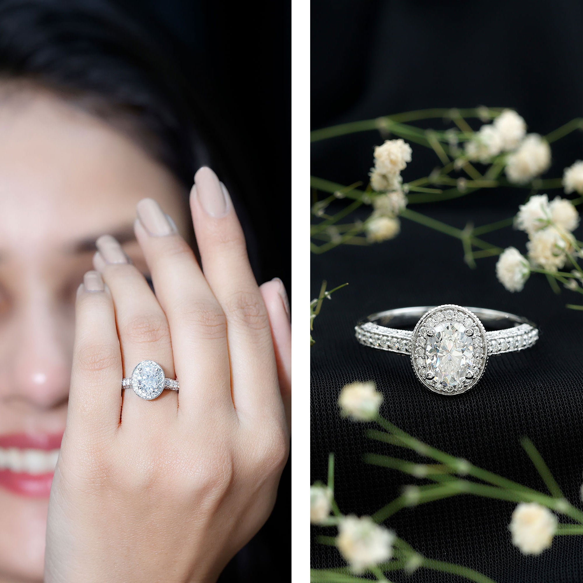 Rosec Jewels-6X8 MM Oval Moissanite Victorian Engagement Ring with Halo