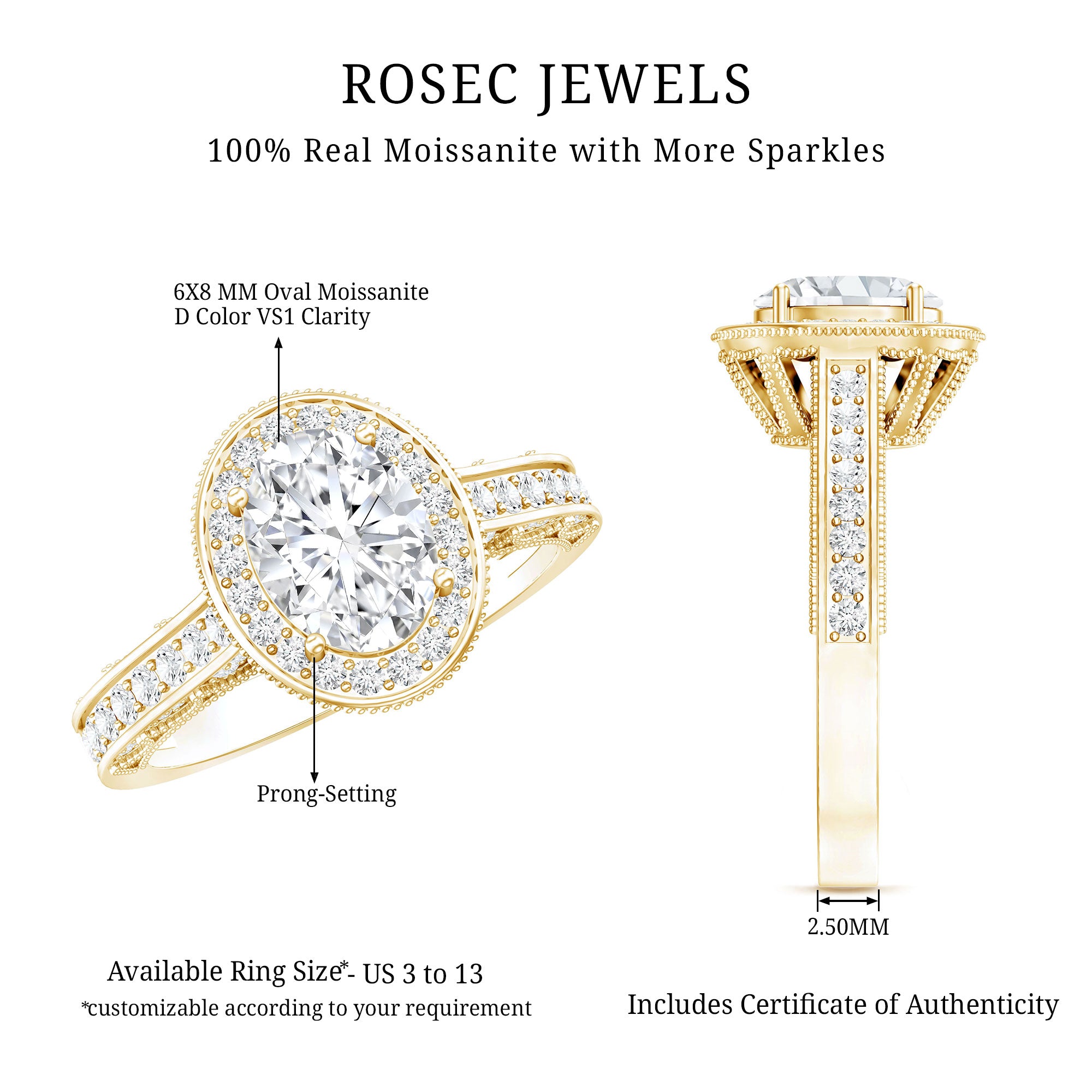 Rosec Jewels-6X8 MM Oval Moissanite Victorian Engagement Ring with Halo