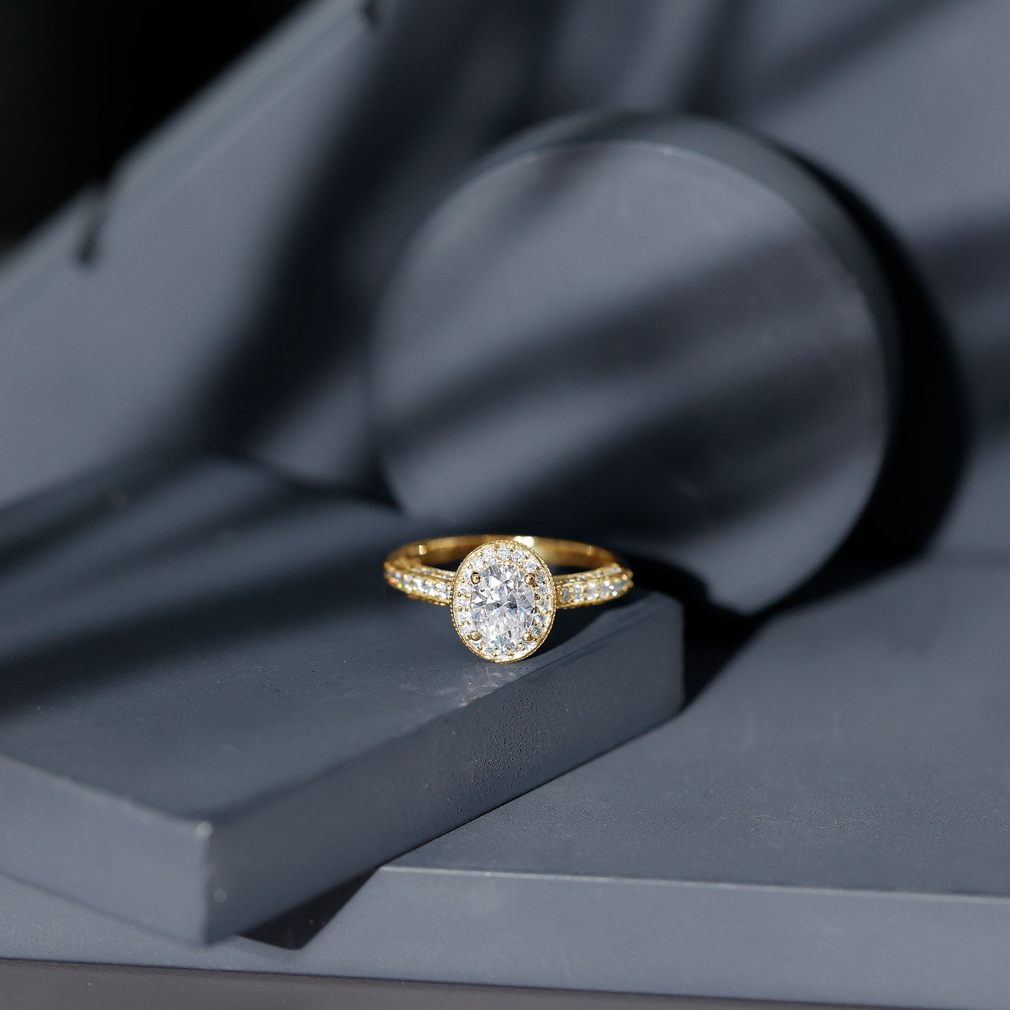 Rosec Jewels-6X8 MM Oval Moissanite Victorian Engagement Ring with Halo