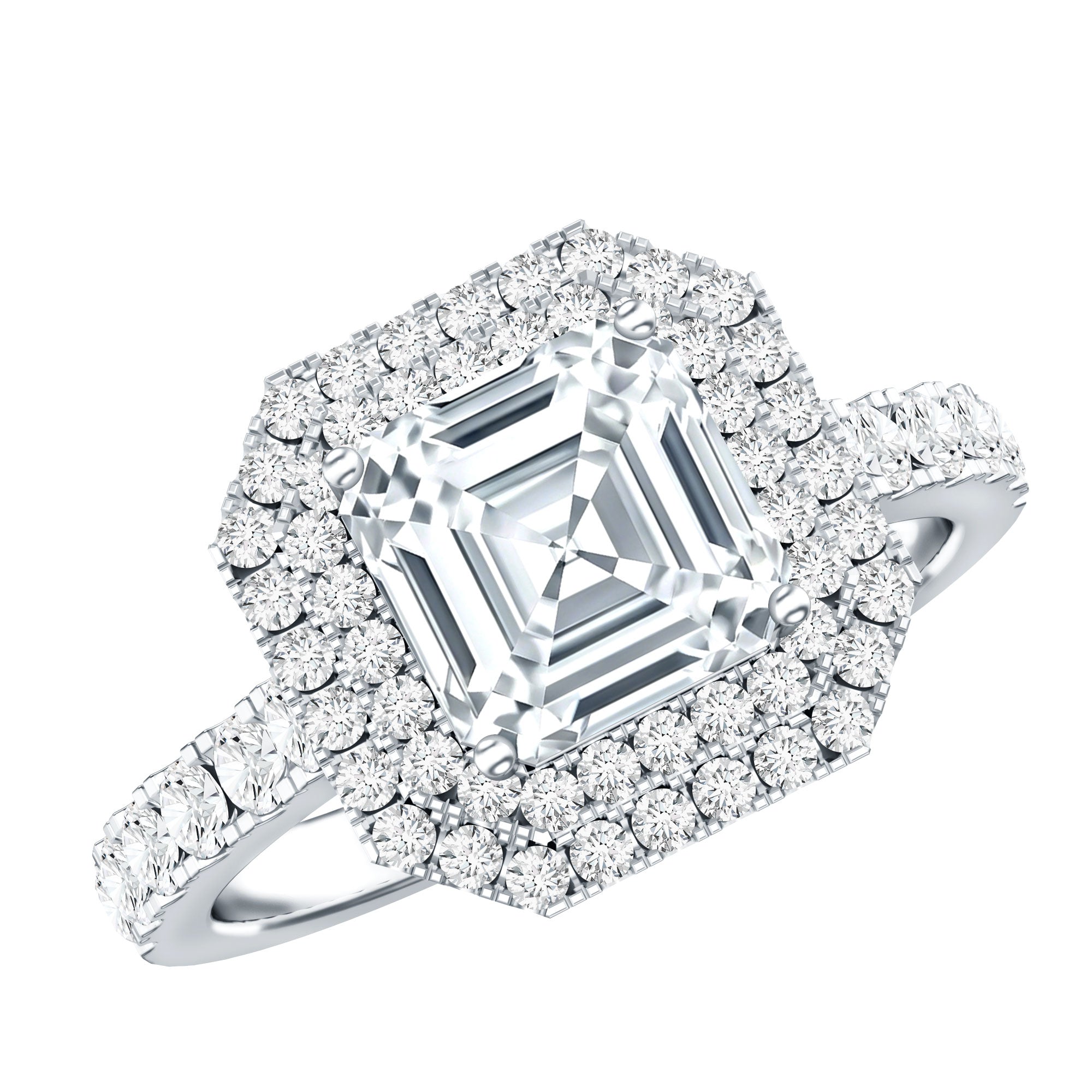 Certified Asscher Cut Moissanite Double Halo Engagement Ring D-VS1 - Rosec Jewels