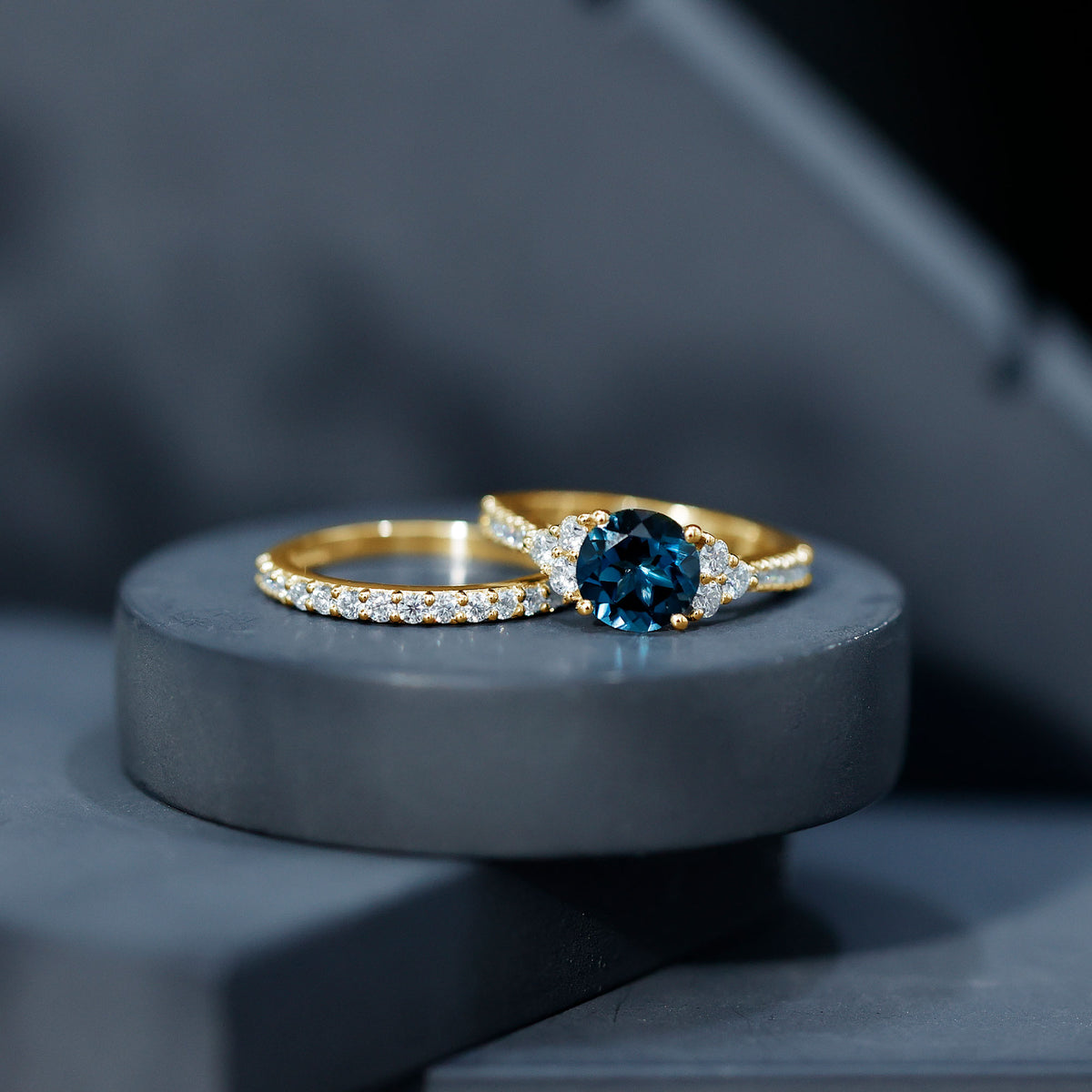 2 Carat London Blue Topaz Ring Set with Wedding Band AAA - Rosec Jewels