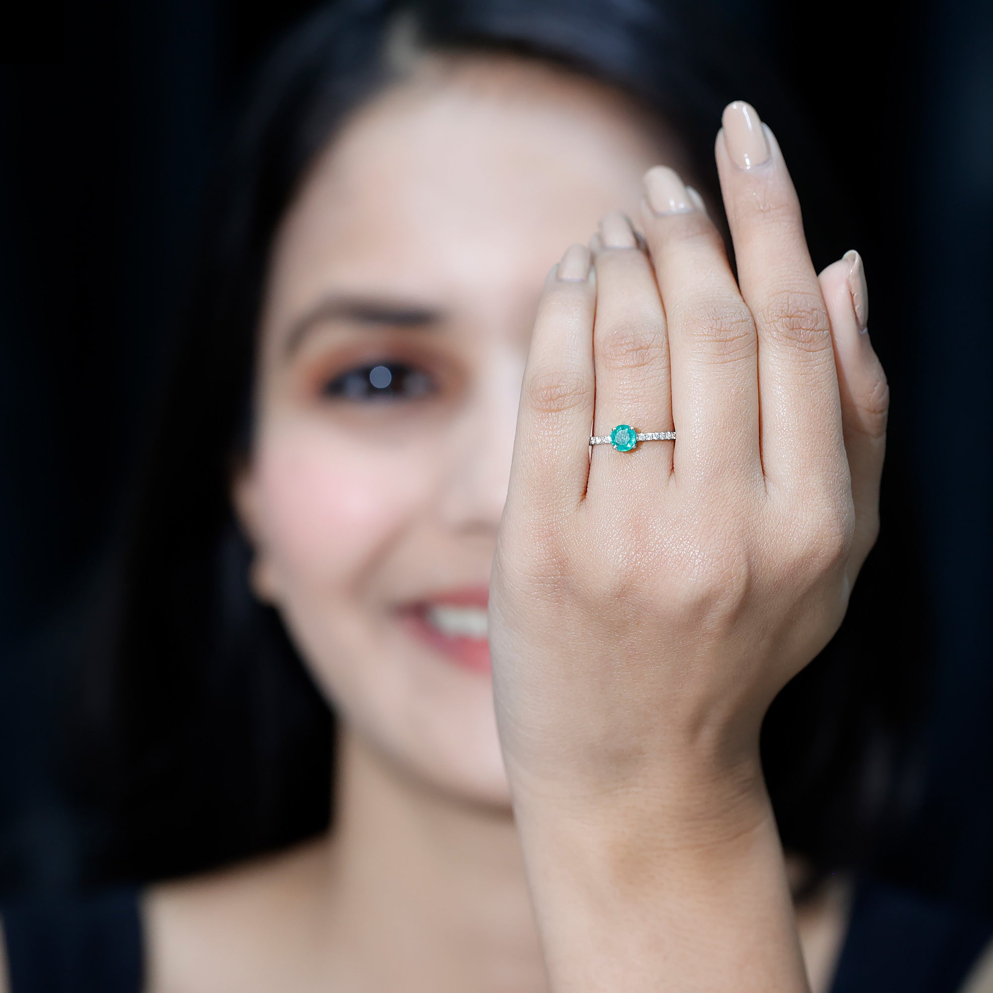 Rosec Jewels-Natural Emerald Promise Ring with Diamond Side Stones