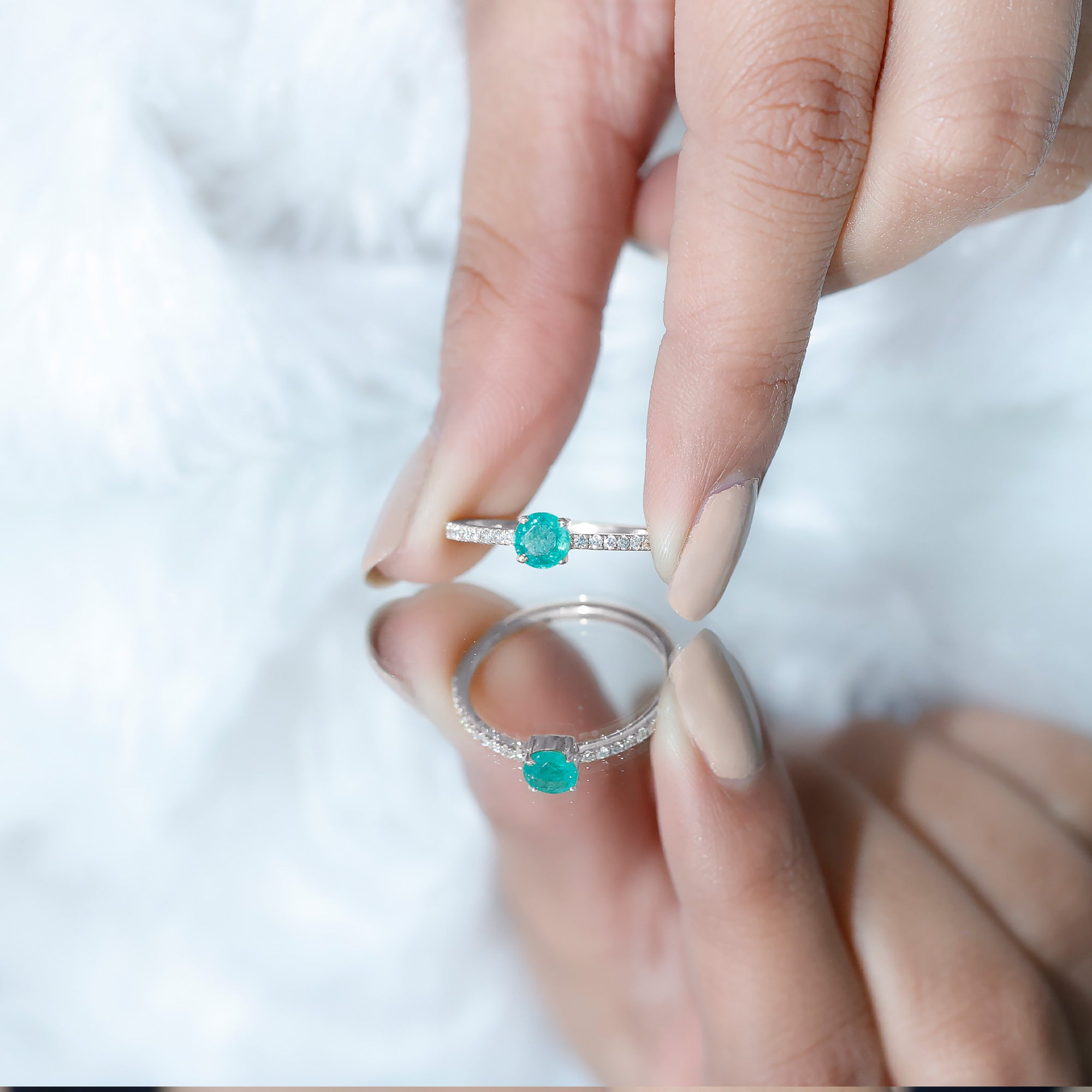 Rosec Jewels-Natural Emerald Promise Ring with Diamond Side Stones