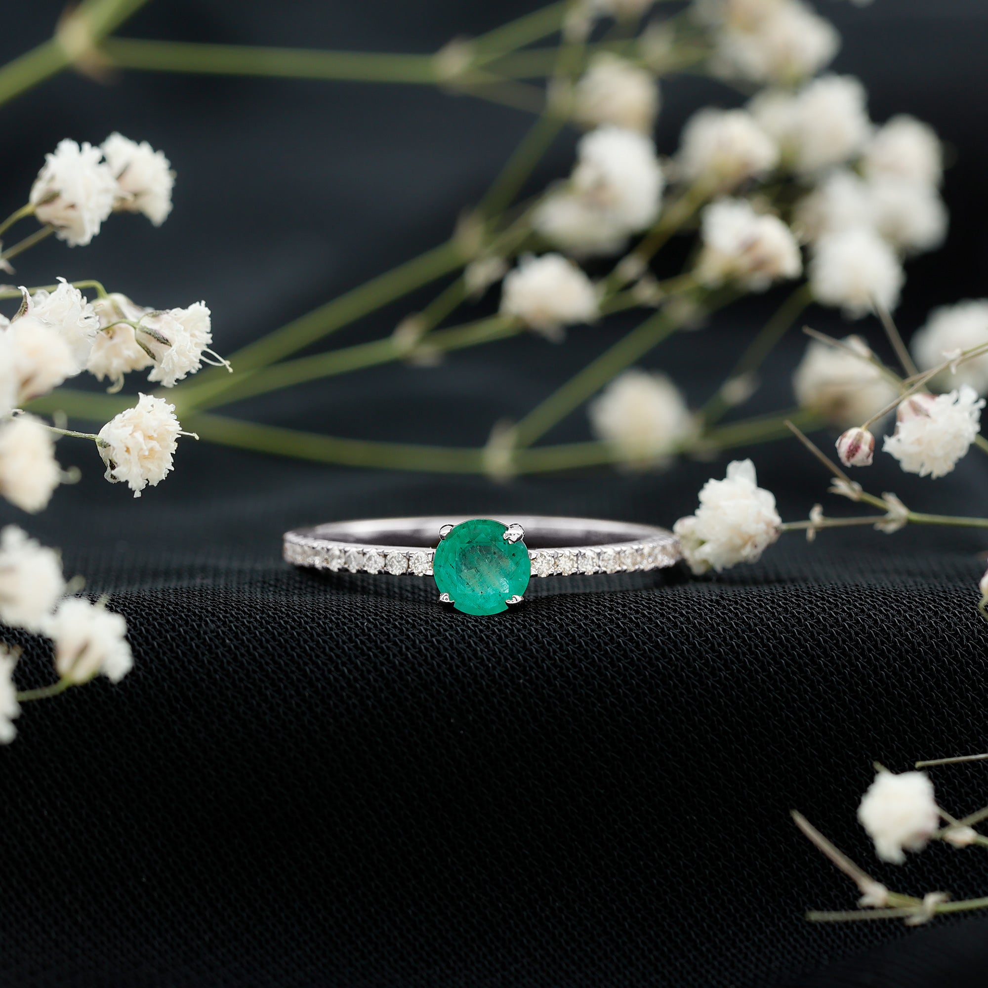 Rosec Jewels-Natural Emerald Promise Ring with Diamond Side Stones