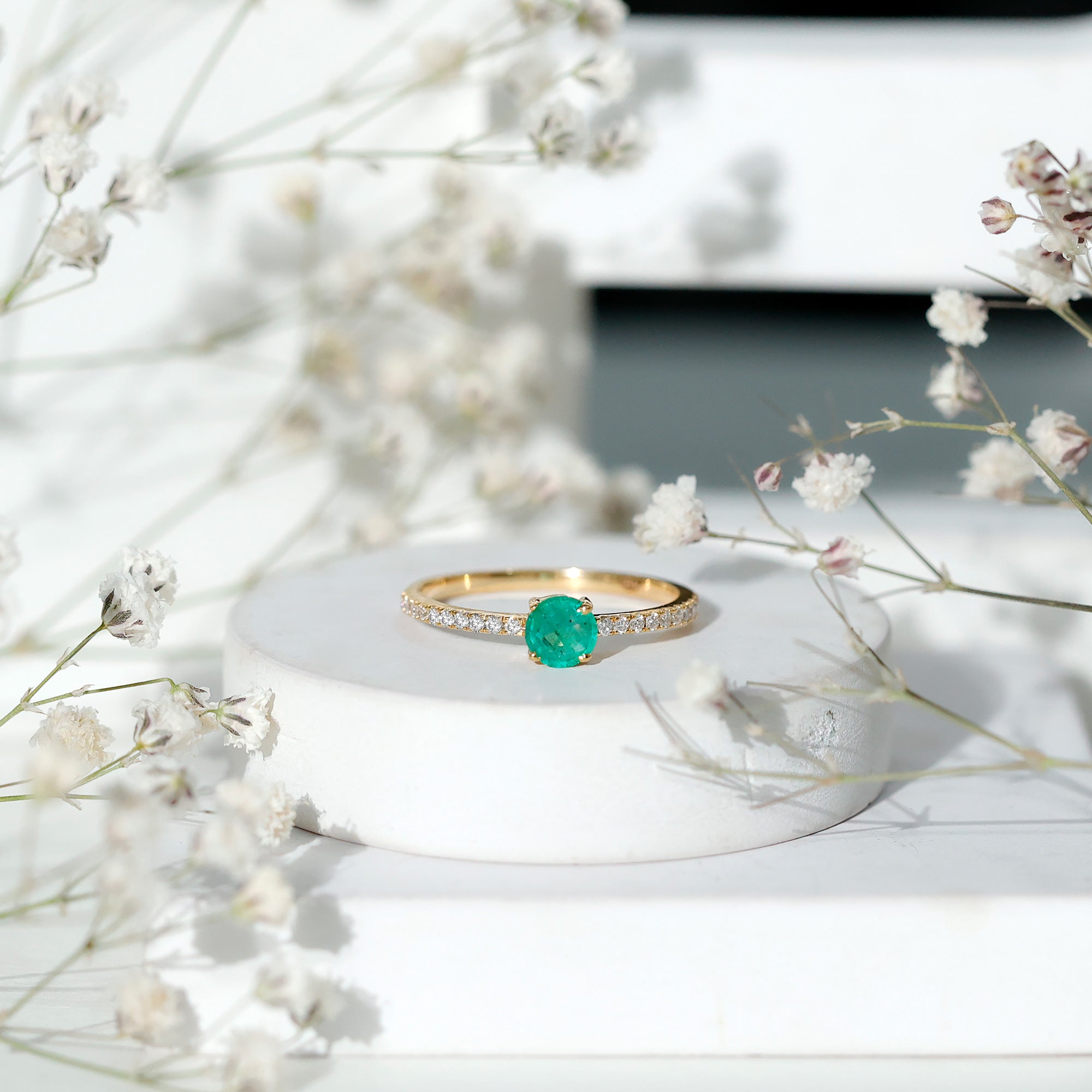 Rosec Jewels-Natural Emerald Promise Ring with Diamond Side Stones