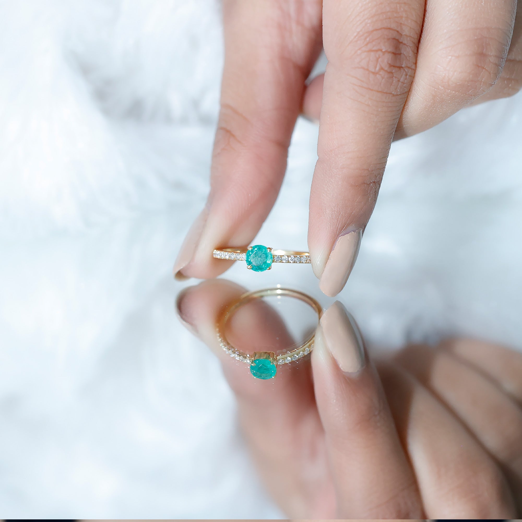 Rosec Jewels-Natural Emerald Promise Ring with Diamond Side Stones