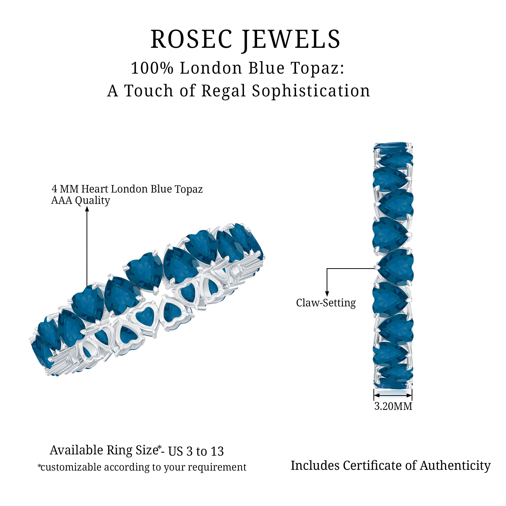 Rosec Jewels-London Blue Topaz Heart Eternity Band Ring