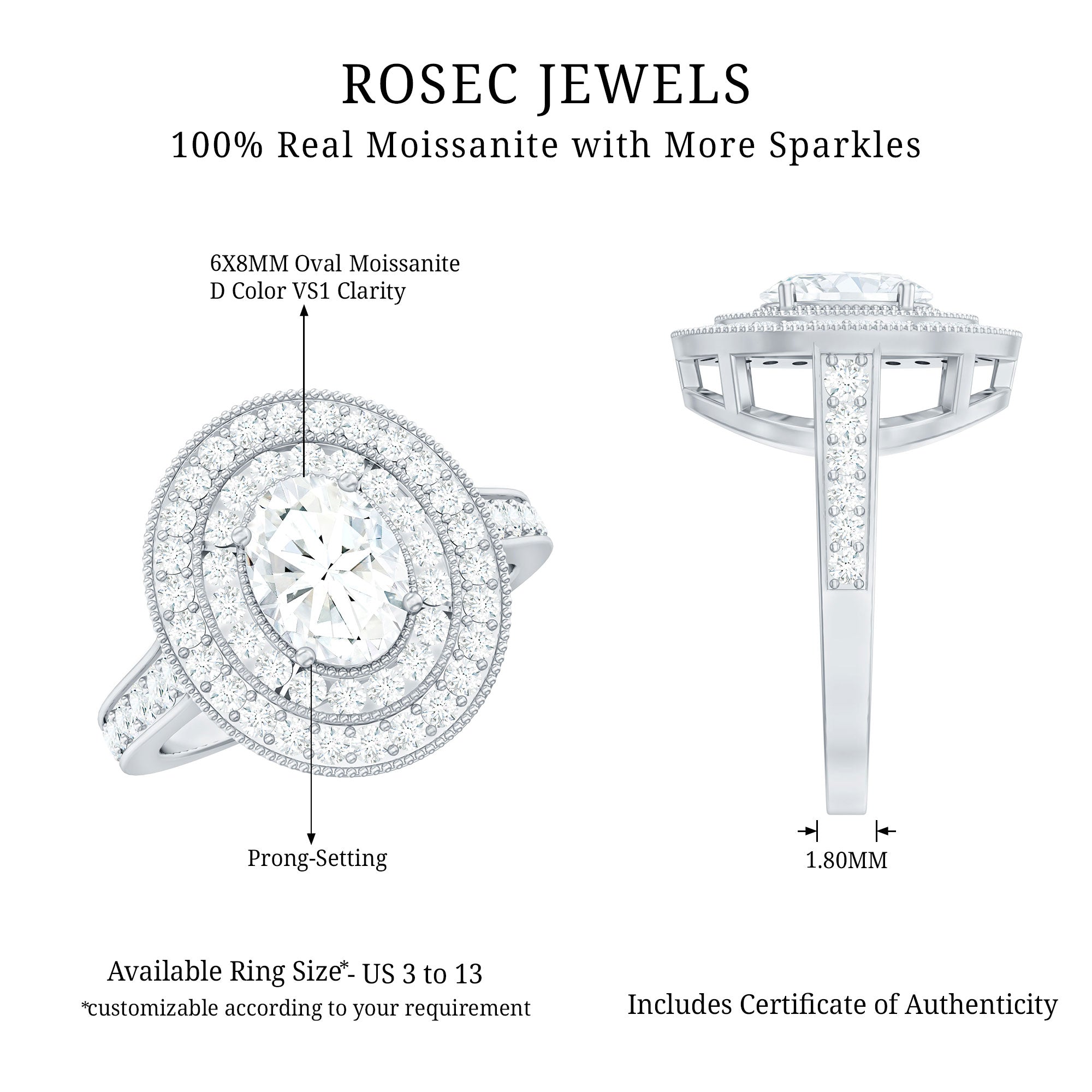 Rosec Jewels-Milgrain Embellished Oval Moissanite Double Halo Engagement Ring