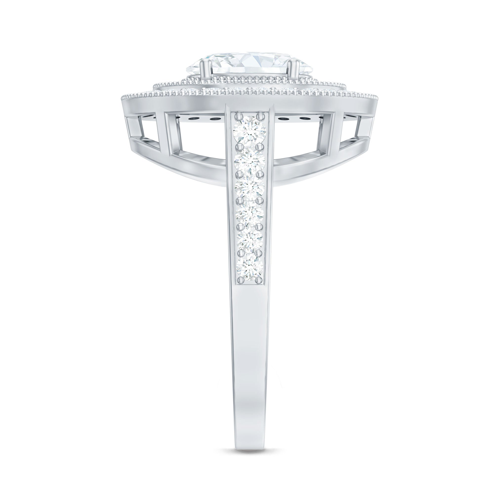 Rosec Jewels-Milgrain Embellished Oval Moissanite Double Halo Engagement Ring