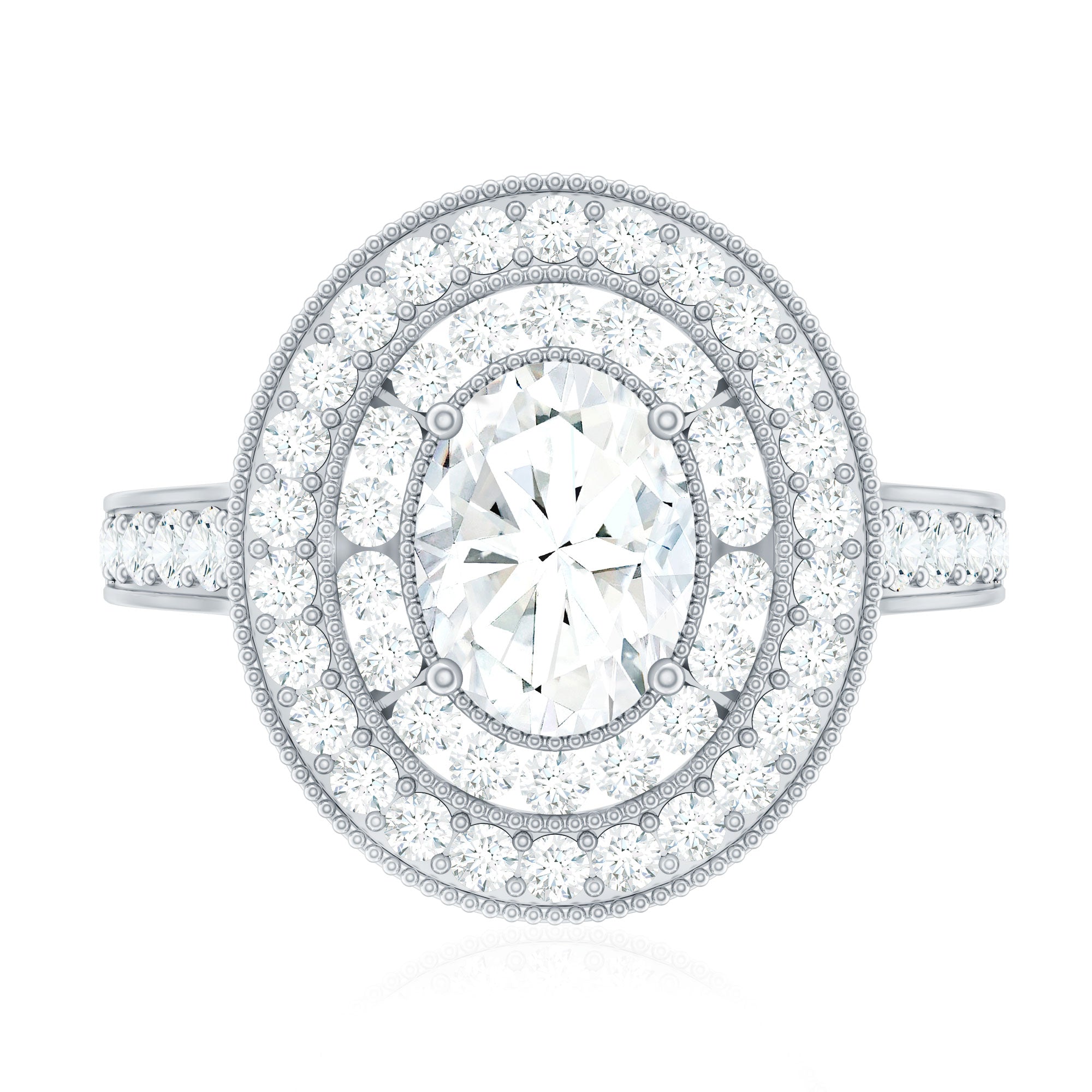 Rosec Jewels-Milgrain Embellished Oval Moissanite Double Halo Engagement Ring