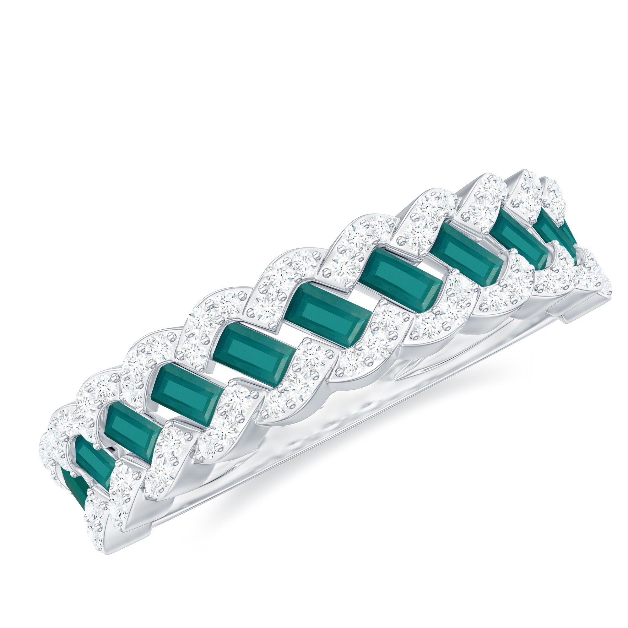 Baguette Emerald and Diamond Braided Half Eternity Band Ring Emerald - ( AAA ) - Quality - Rosec Jewels