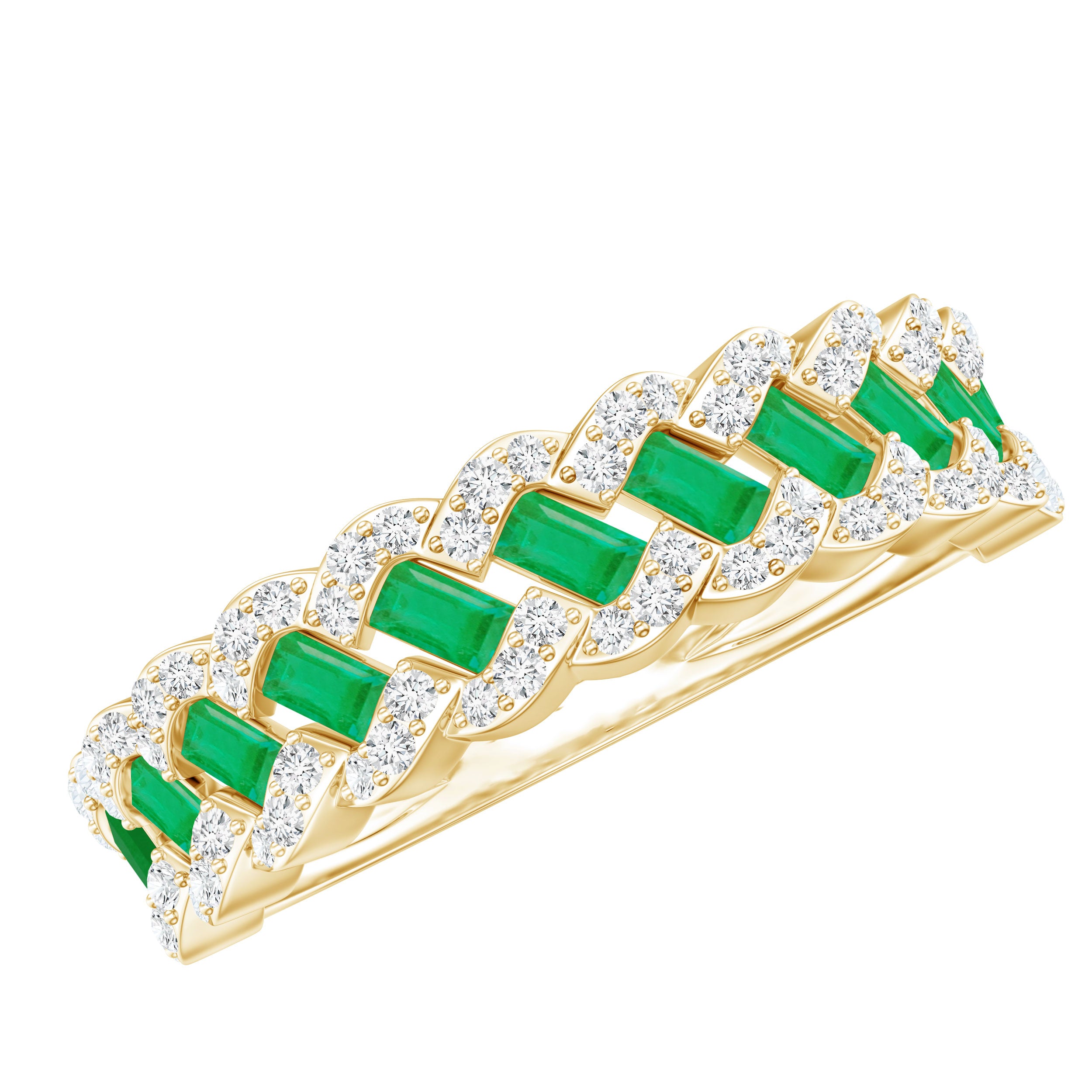 Baguette Emerald and Diamond Braided Half Eternity Band Ring AAA - Rosec Jewels