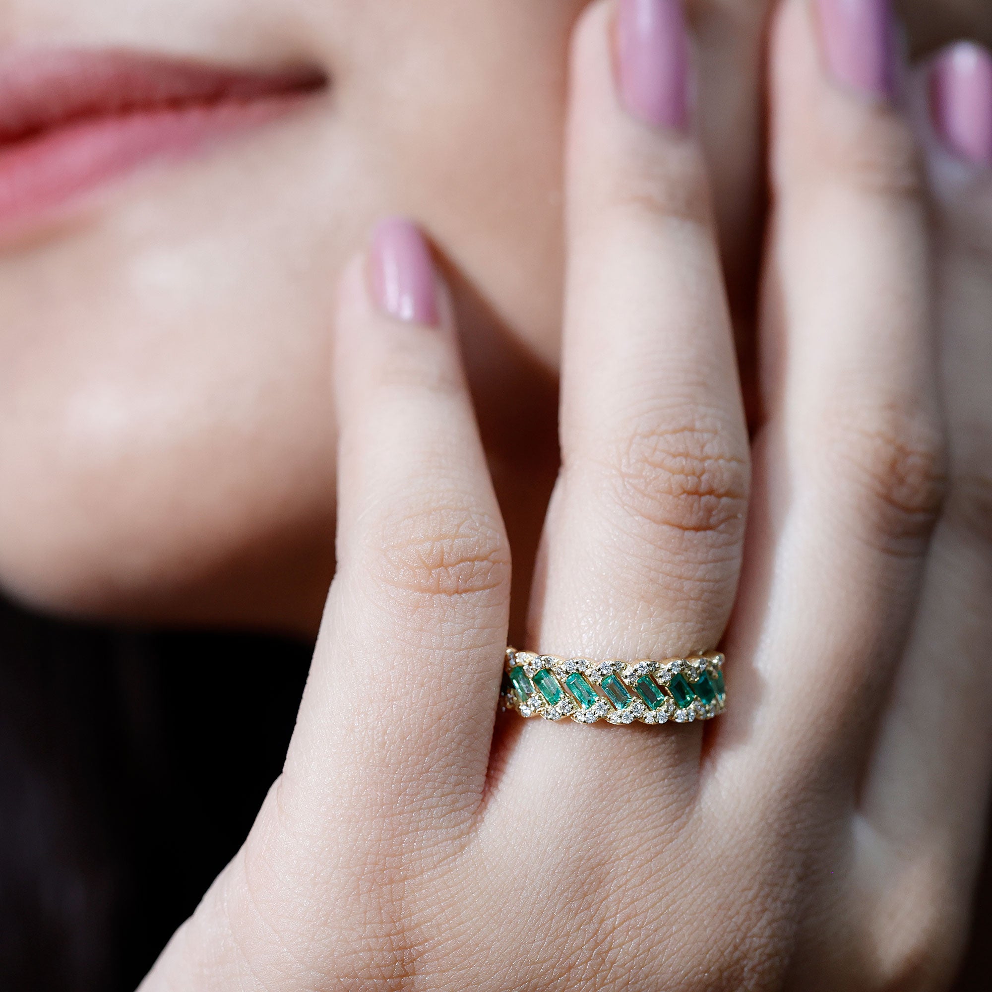 Baguette Emerald and Diamond Braided Half Eternity Band Ring AAA - Rosec Jewels