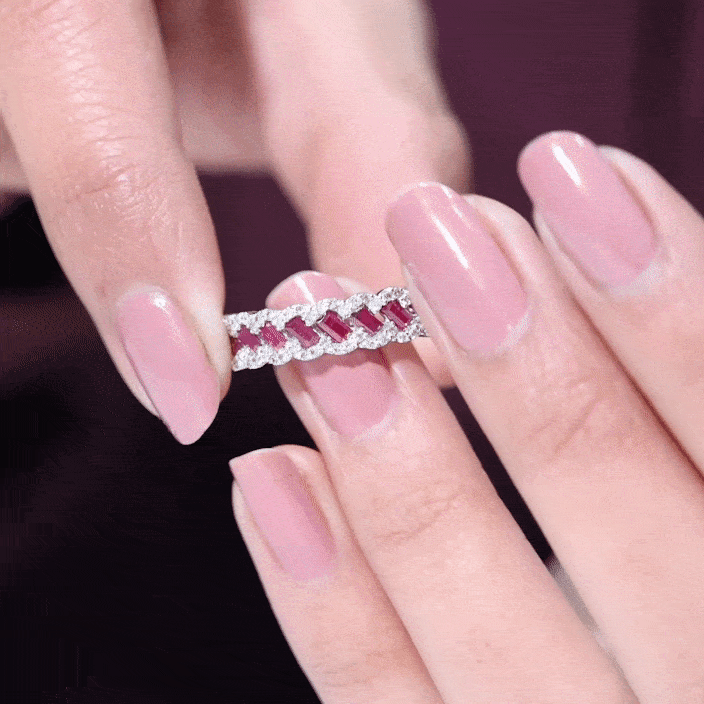 Rosec Jewels-Natural Baguette Ruby Half Eternity Band with Diamond