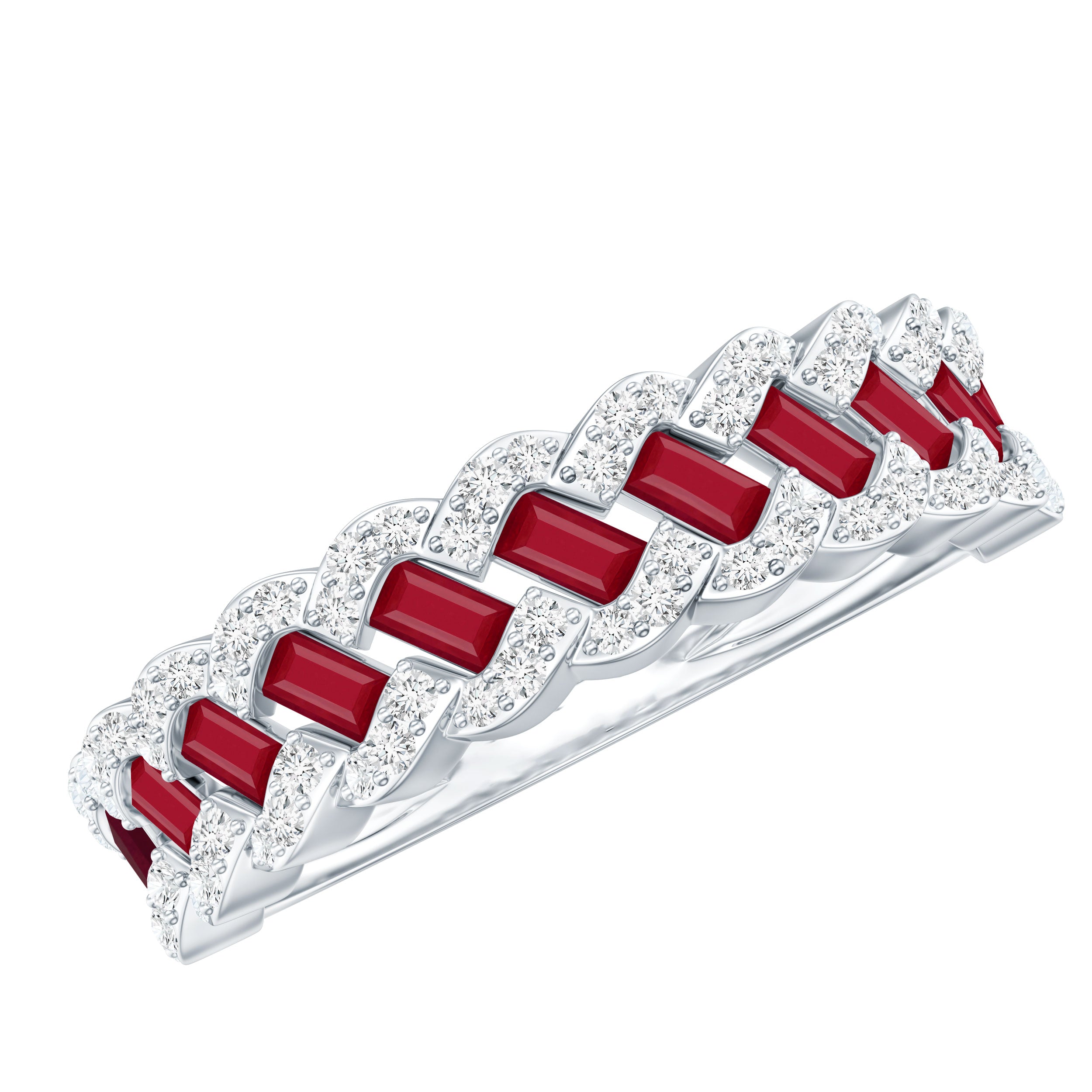 Rosec Jewels-Natural Baguette Ruby Half Eternity Band with Diamond