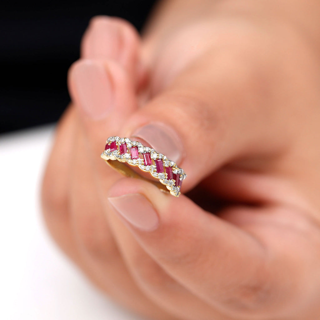 Braided Half Eternity Band Ring with Ruby and Diamond Ruby - ( AAA ) - Quality - Rosec Jewels