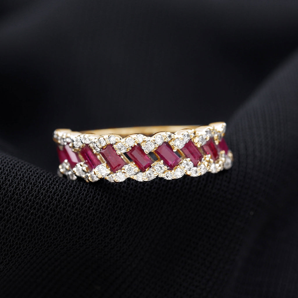 Braided Half Eternity Band Ring with Ruby and Diamond Ruby - ( AAA ) - Quality - Rosec Jewels