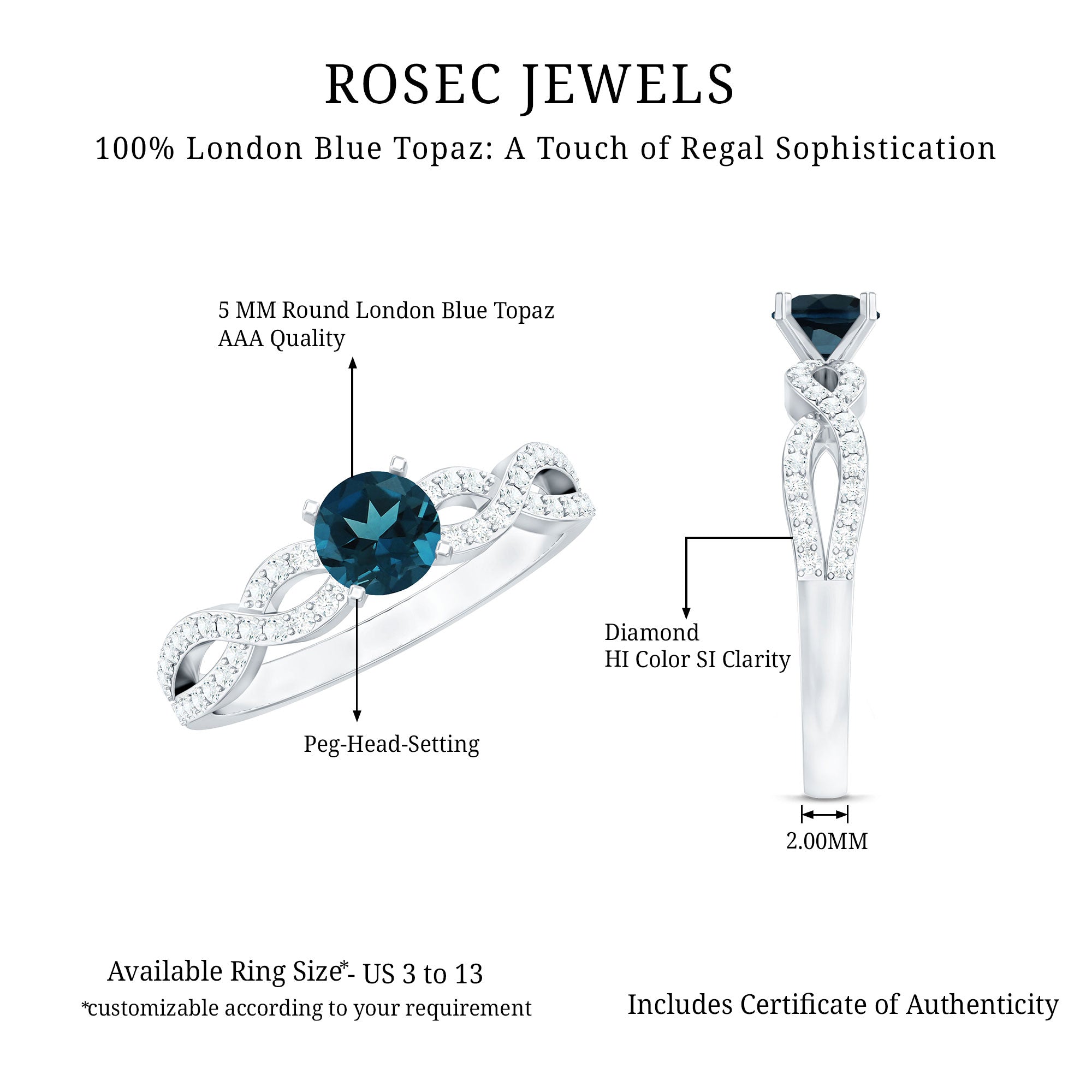 Rosec Jewels-Round Blue Topaz Infinity Engagement Ring with Diamonds