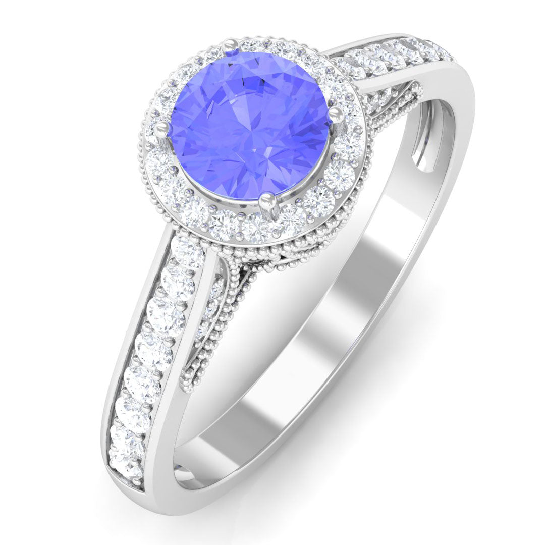 Rosec Jewels-Vintage Style Tanzanite Engagement Ring with Diamond Halo