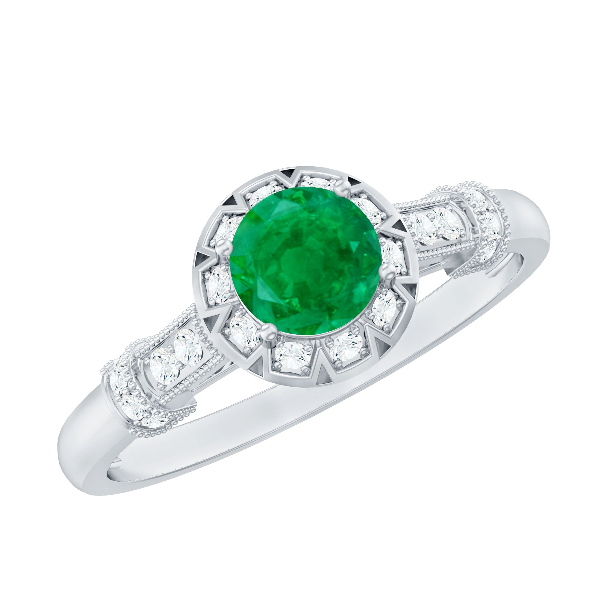 Rosec Jewels-Vintage Inspired Emerald Engagement Ring with Diamond
