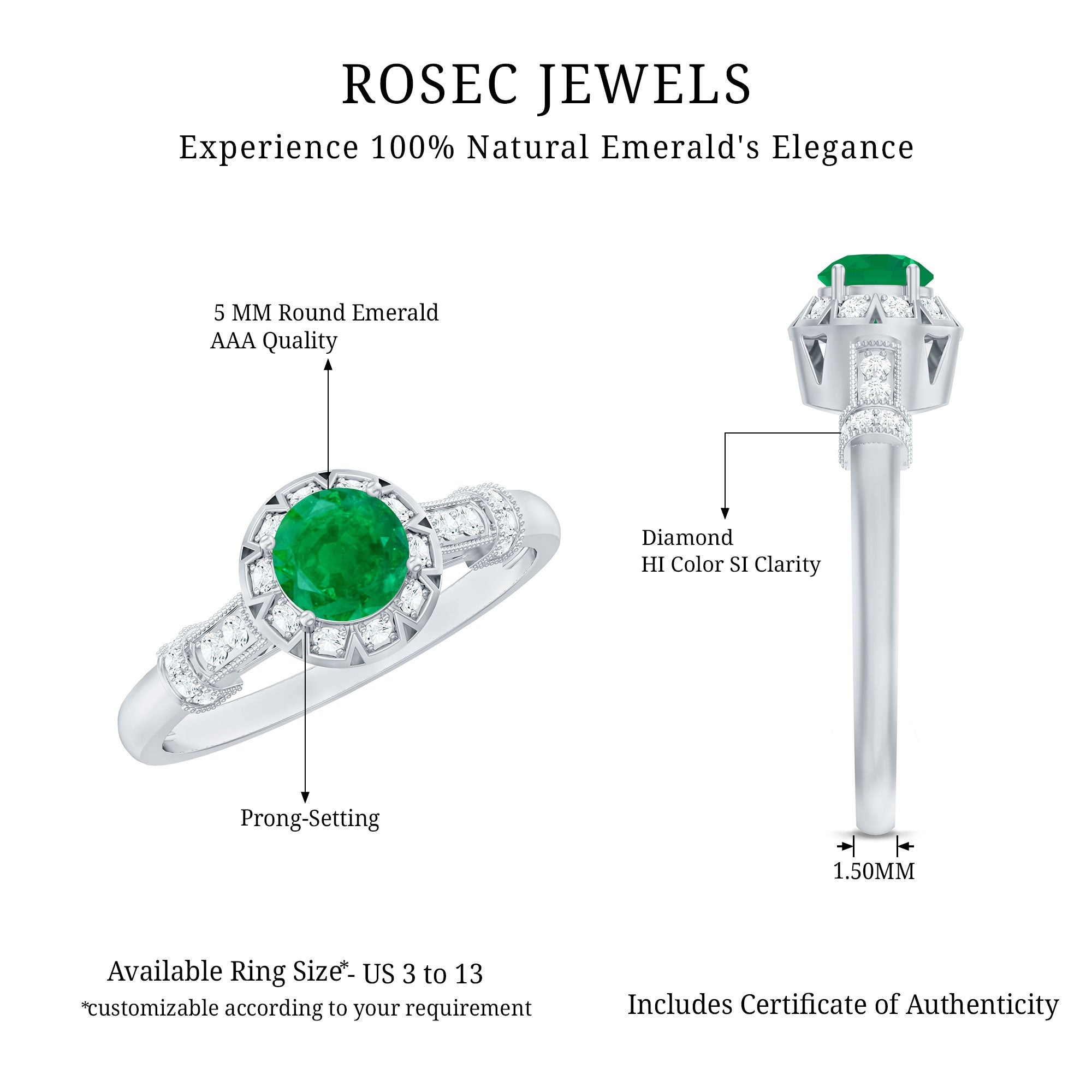 Rosec Jewels-Vintage Inspired Emerald Engagement Ring with Diamond