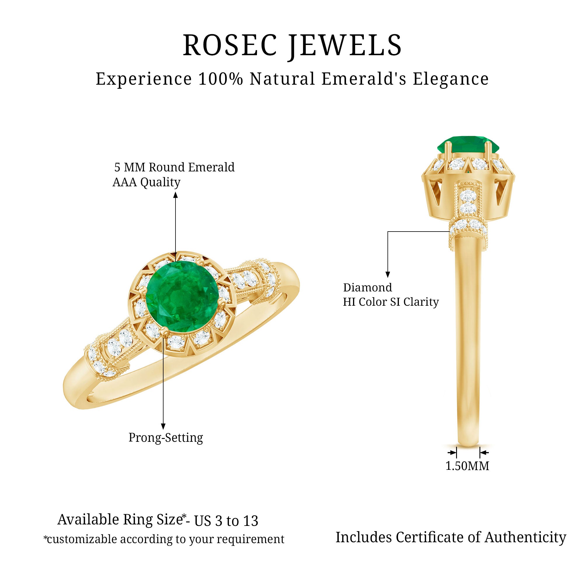 Rosec Jewels-Vintage Inspired Emerald Engagement Ring with Diamond