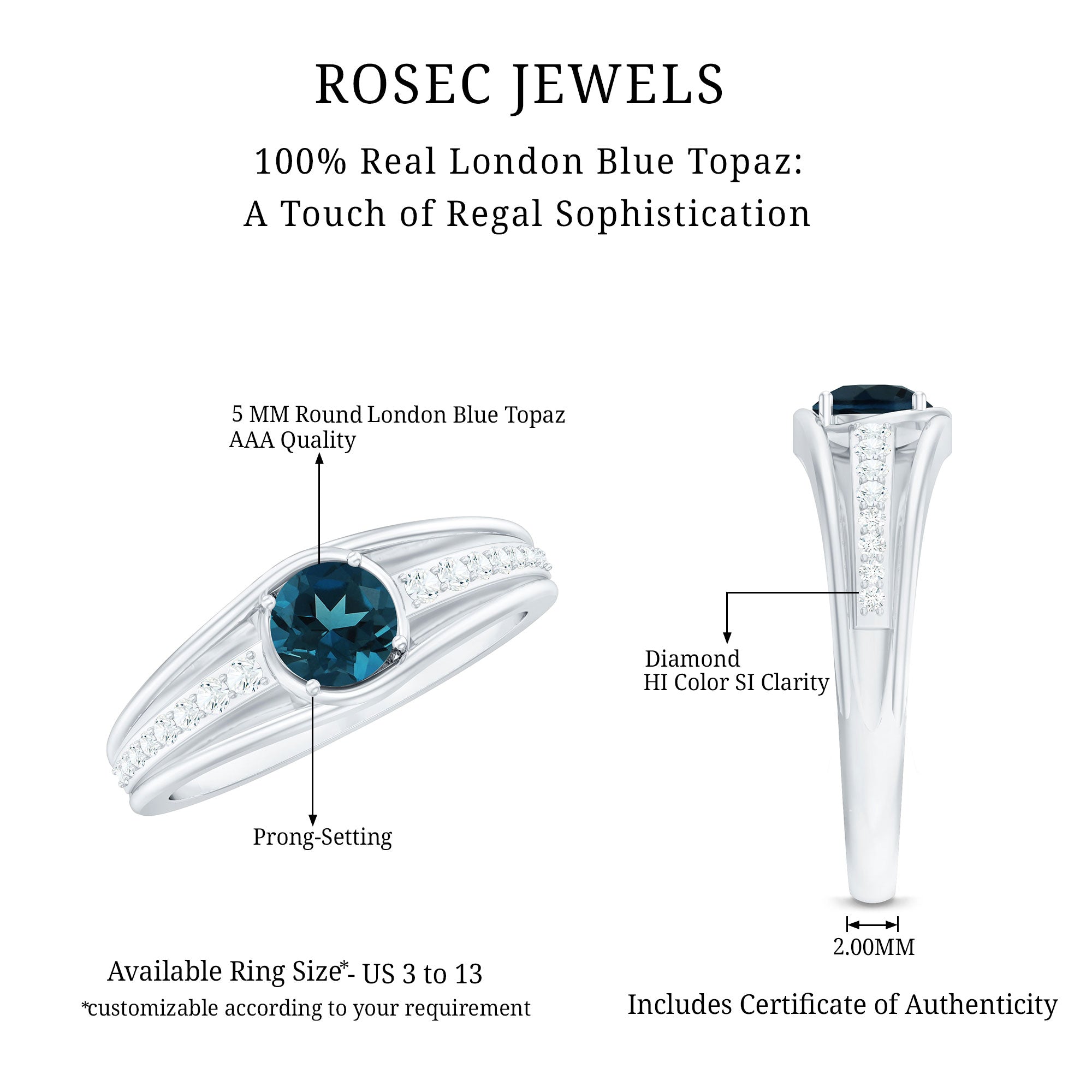 Rosec Jewels-Genuine London Blue Topaz Engagement Ring with Diamond Side Stones