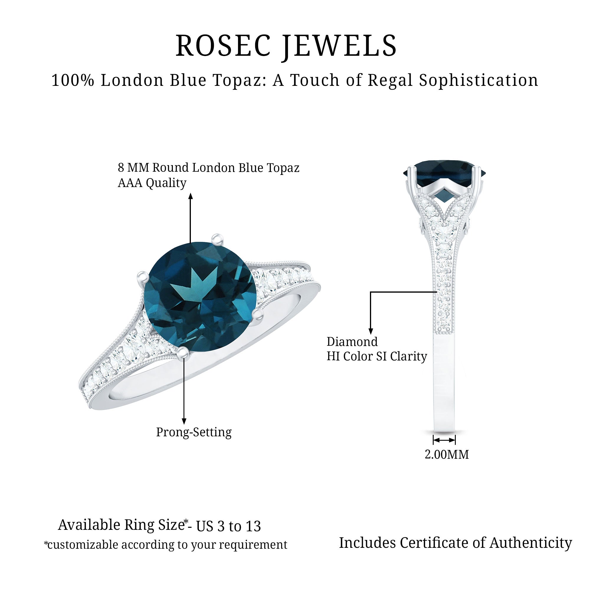 Natural London Blue Topaz and Diamond Engagement Ring AAA - Rosec Jewels