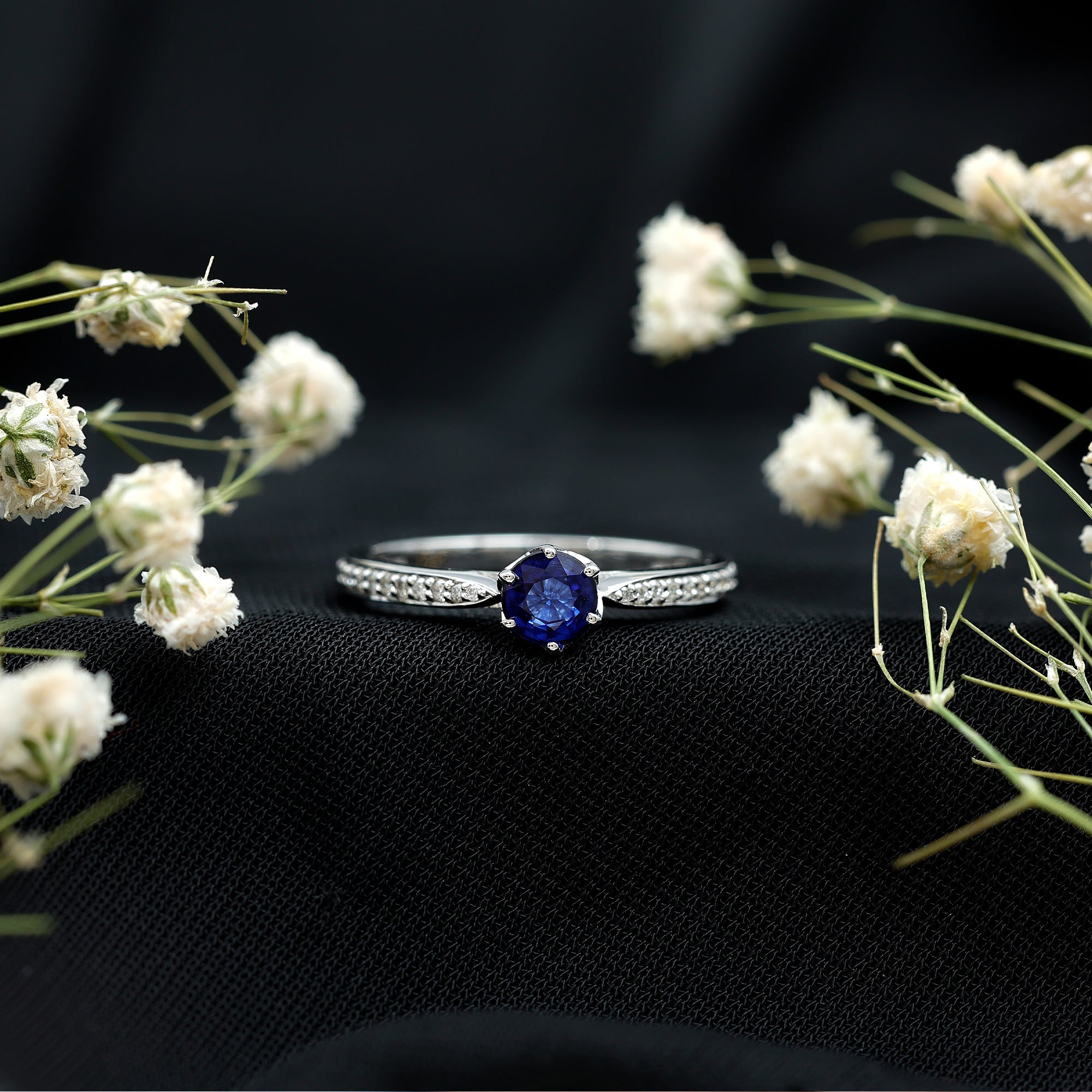Natural 0.9 Carat Blue Sapphire Engagement Ring with Diamond AAA - Rosec Jewels