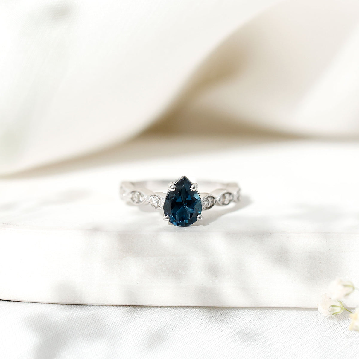 1 Carat Pear Shaped London Blue Topaz Teardrop Engagement Ring with Diamond AAA - Rosec Jewels
