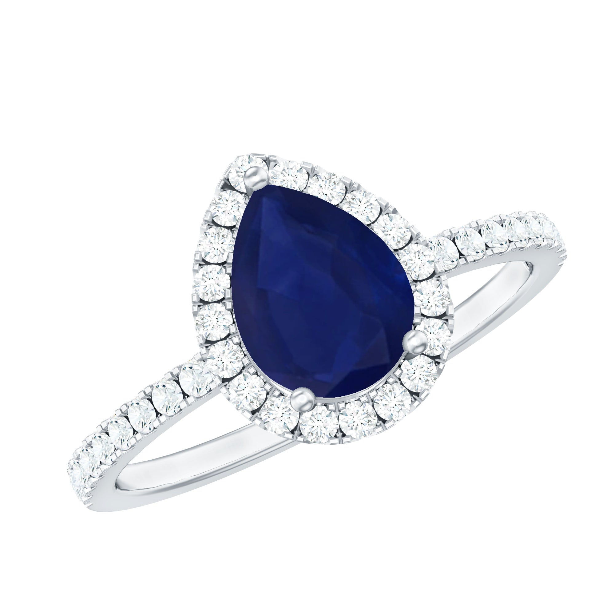 Natural Blue Sapphire and Diamond Teardrop Halo Engagement Ring
