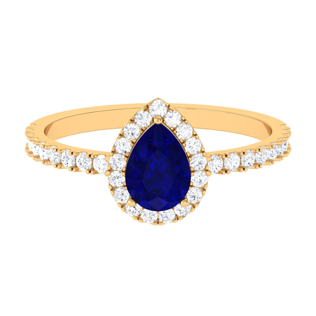 Natural Blue Sapphire and Diamond Teardrop Halo Engagement Ring Blue Sapphire - ( AAA ) - Quality - Rosec Jewels