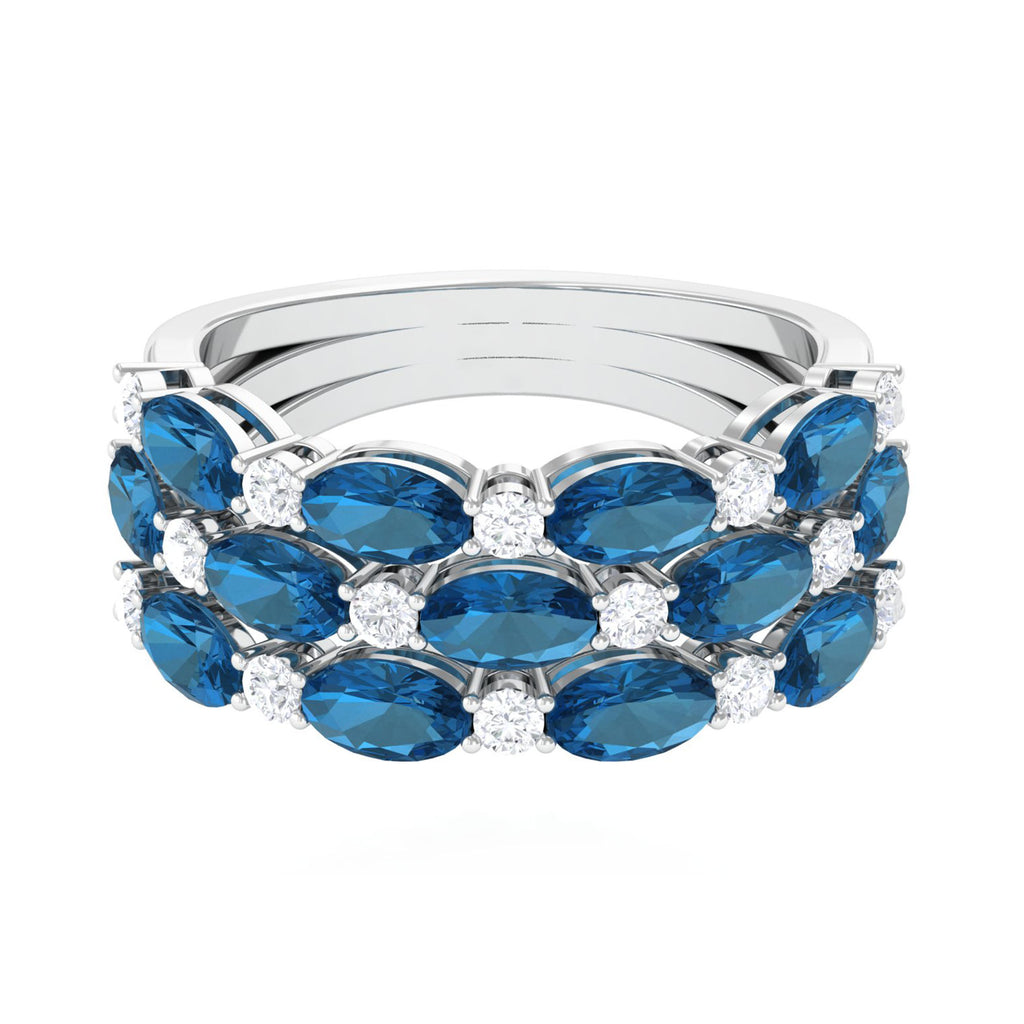 3 CT Oval London Blue Topaz Three Row Wedding Band Ring with Diamond London Blue Topaz - ( AAA ) - Quality - Rosec Jewels