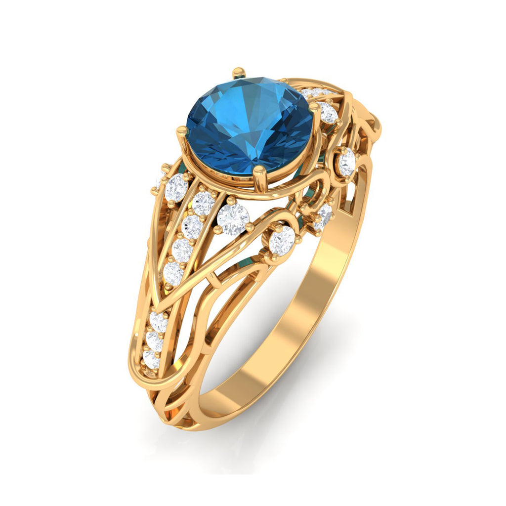 Natural London Blue Topaz Vintage Inspired Ring with Diamond London Blue Topaz - ( AAA ) - Quality - Rosec Jewels