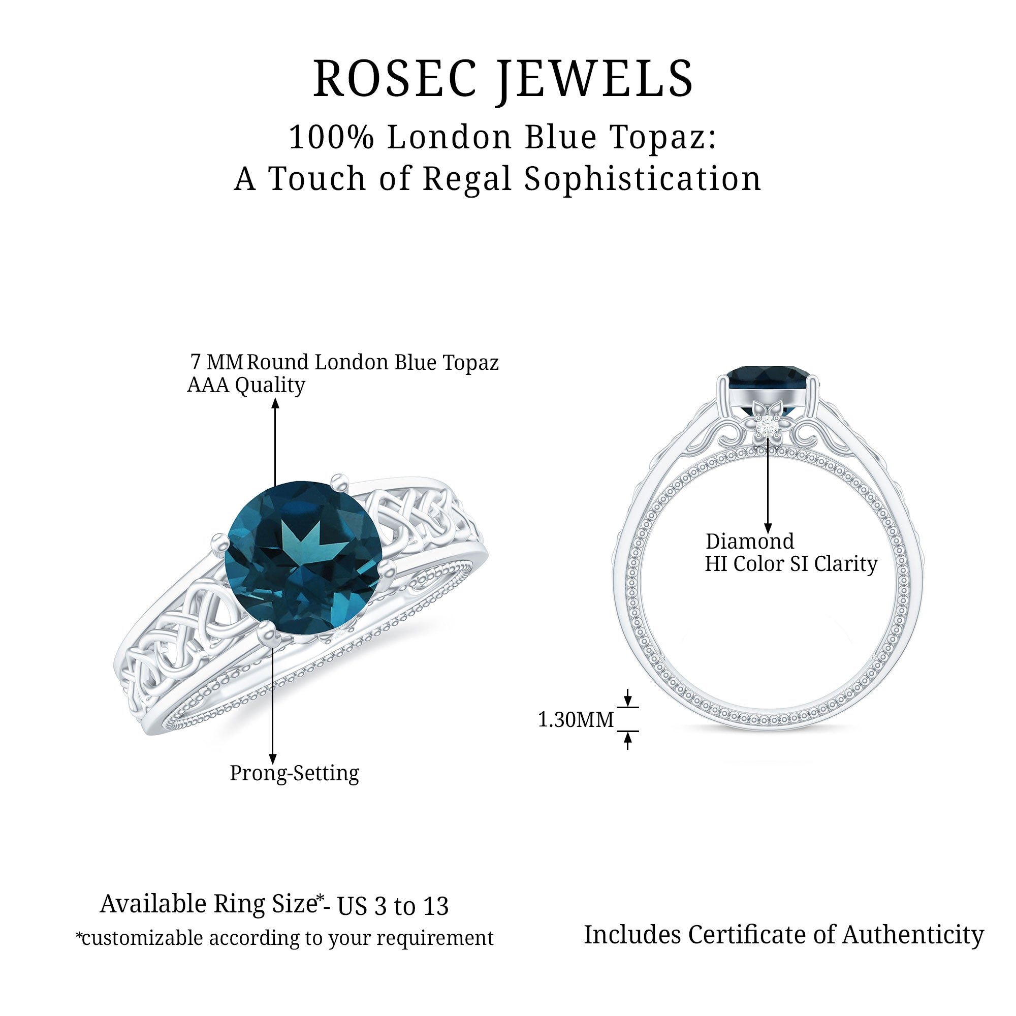 7mm Round London Blue Topaz Vintage Engagement Ring with Celtic Style Band AAA - Rosec Jewels
