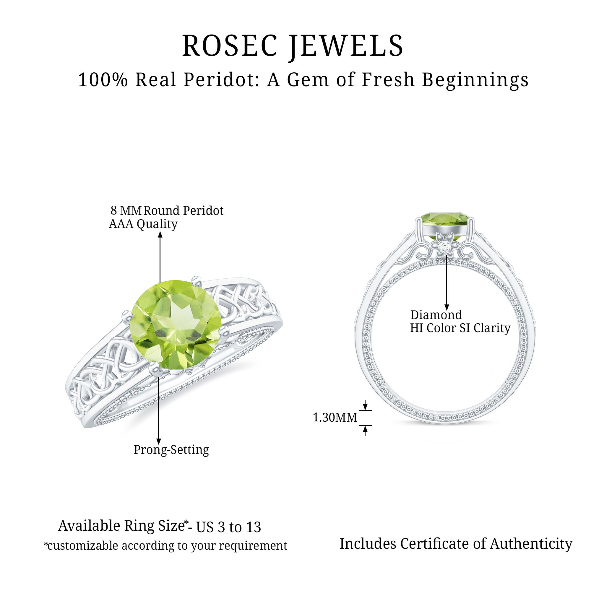 Rosec Jewels-Real 2 Carat Peridot Celtic Knot Engagement Ring with Surprise Diamond